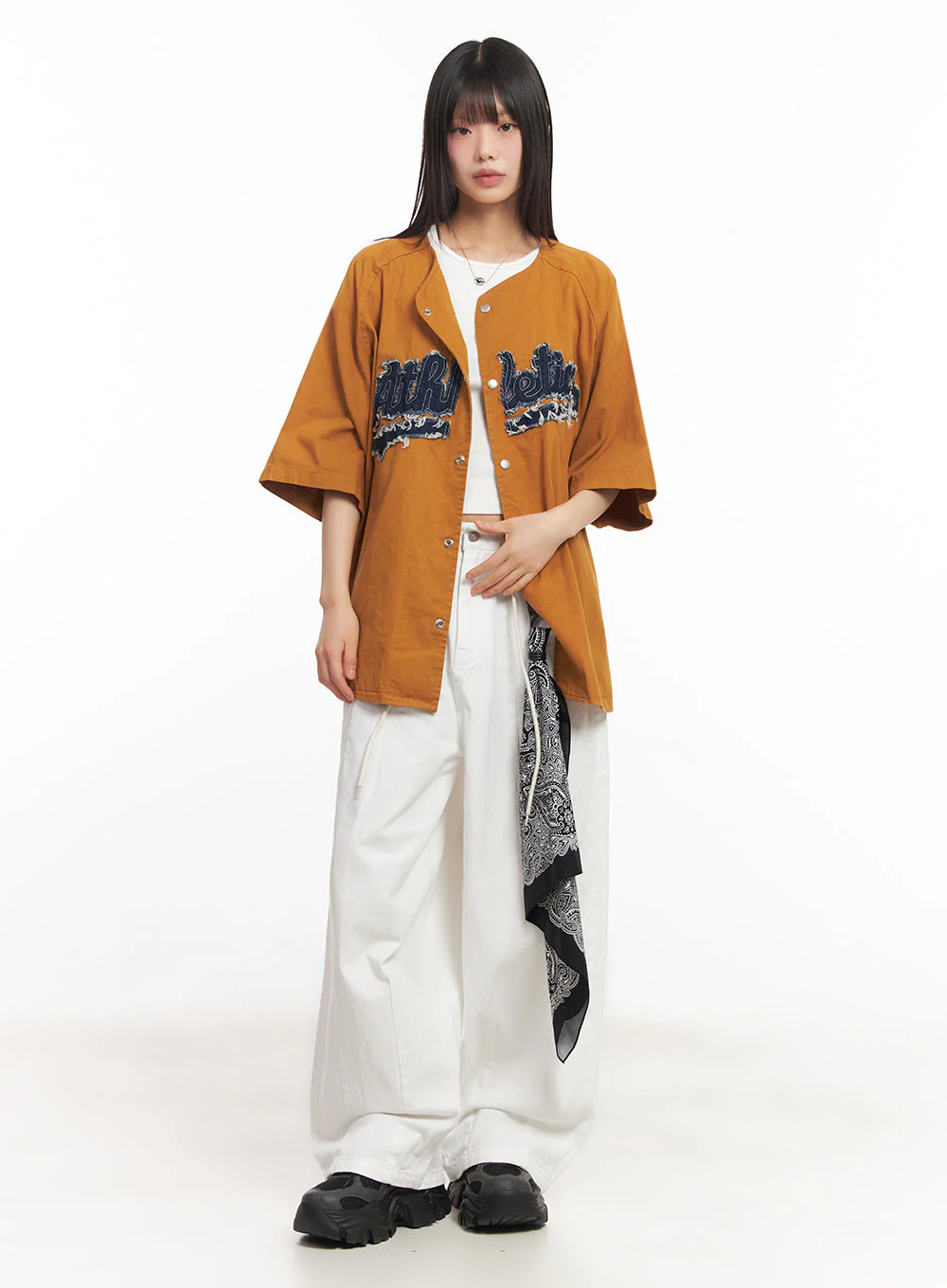 Oversized Patchwork Button-Up Shirt IA528 - Image 5