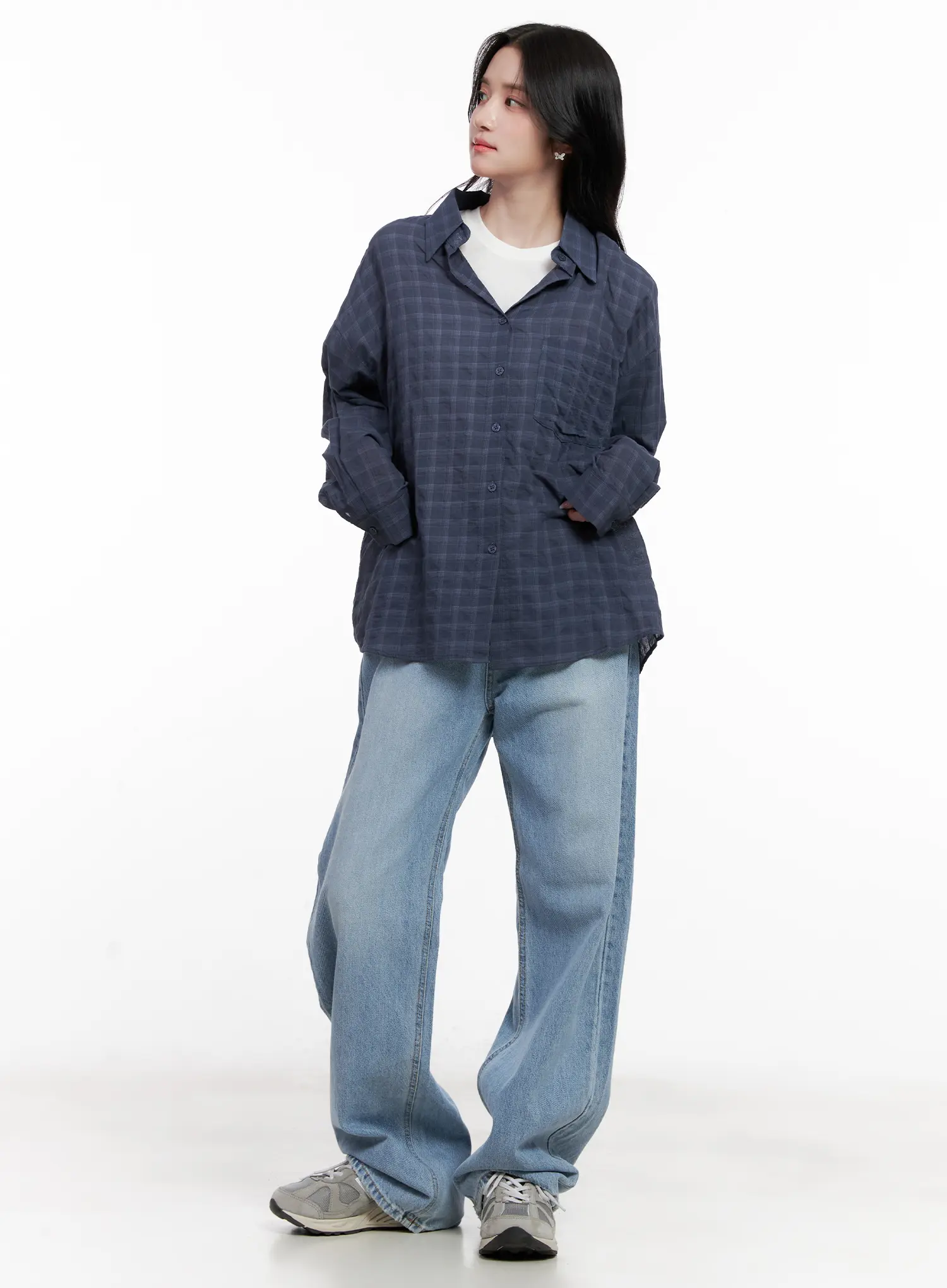 Oversized Plaid Button-Down Shirt CL515 - Image 3