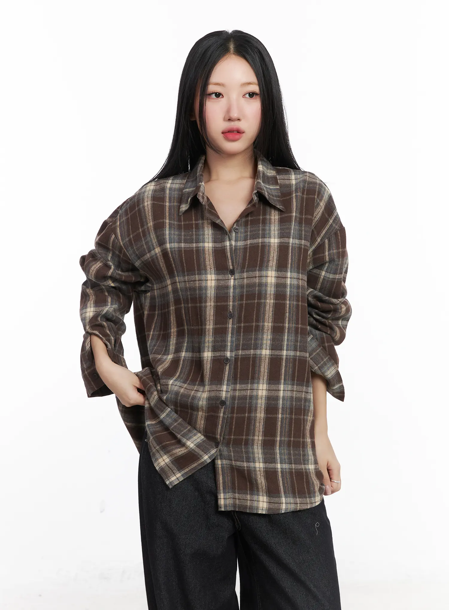 Oversized Plaid Button-Up Shirt CD529 - Image 11