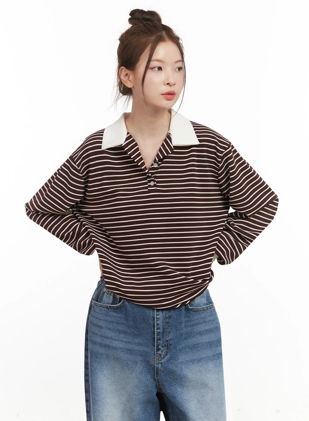 Oversized Stripe Collared Long Sleeve Top IJ527 - Image 17