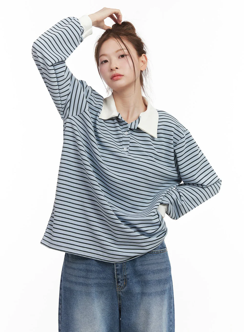Oversized Stripe Collared Long Sleeve Top IJ527 - Image 18