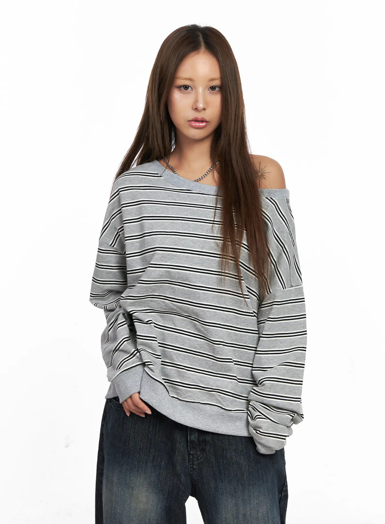 Oversized Striped Off-Shoulder Sweatshirt CO510 - Image 2