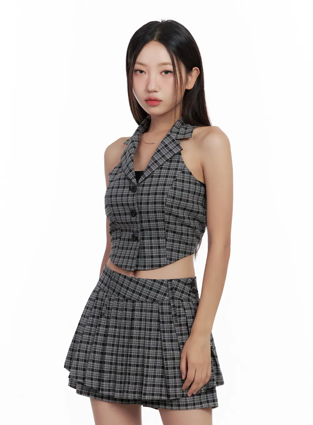 Plaid Button Halter Tank CL508 - Image 6