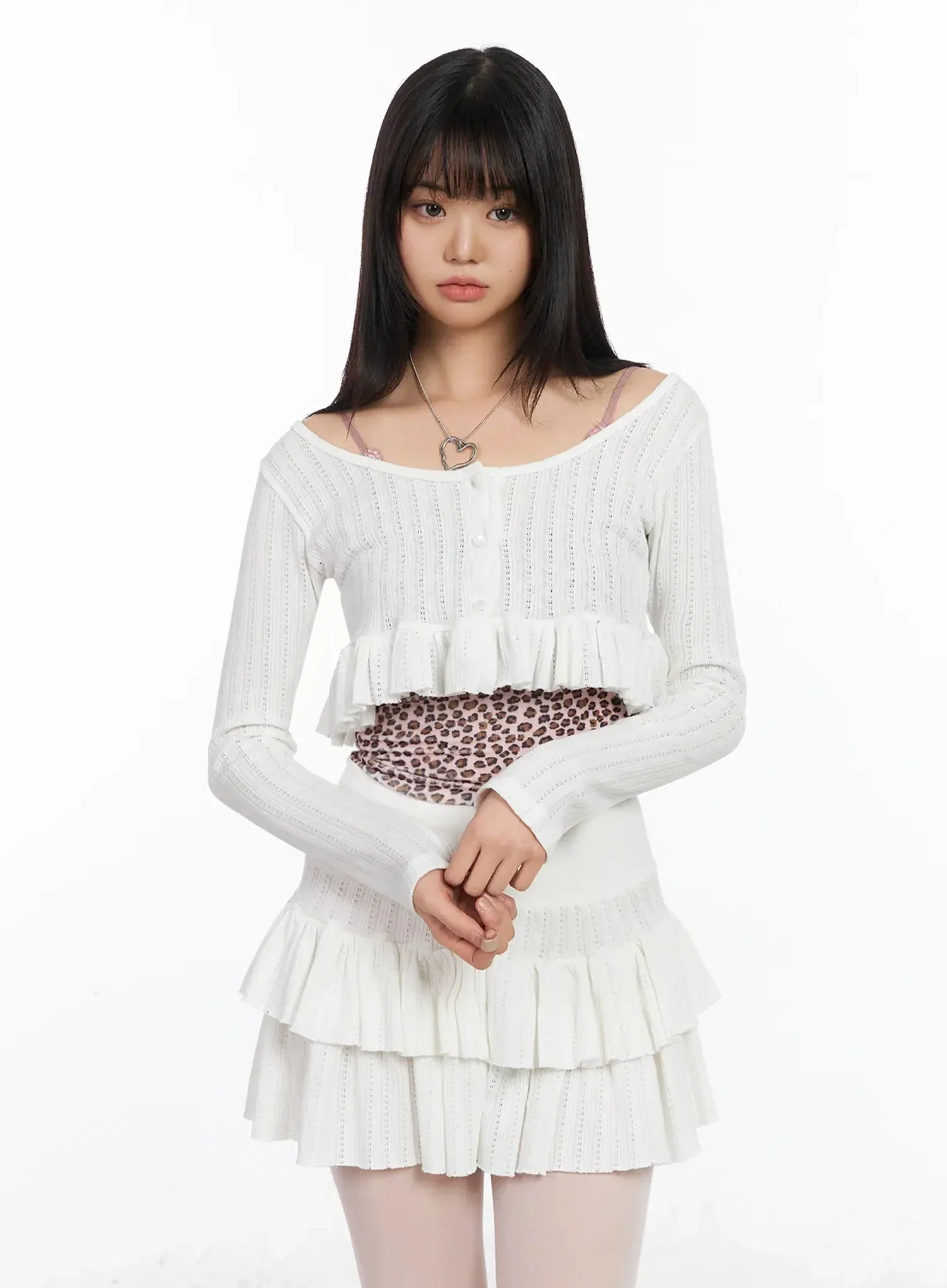 Pointelle Layered Ruffle Crop Cardigan IA523 - Image 3