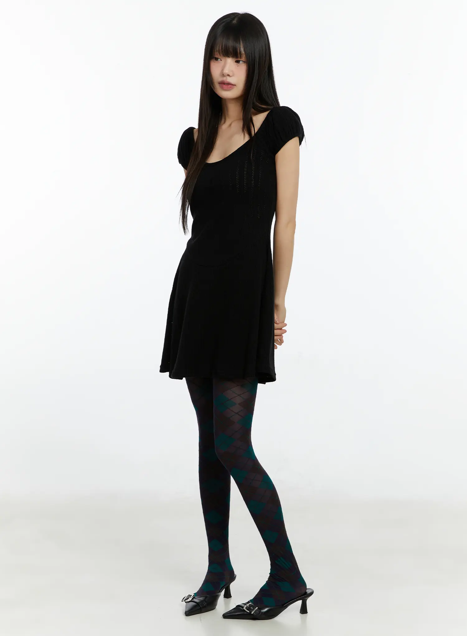 Pointelle Puff Sleeve Flare Mini Dress CF509 - Image 2