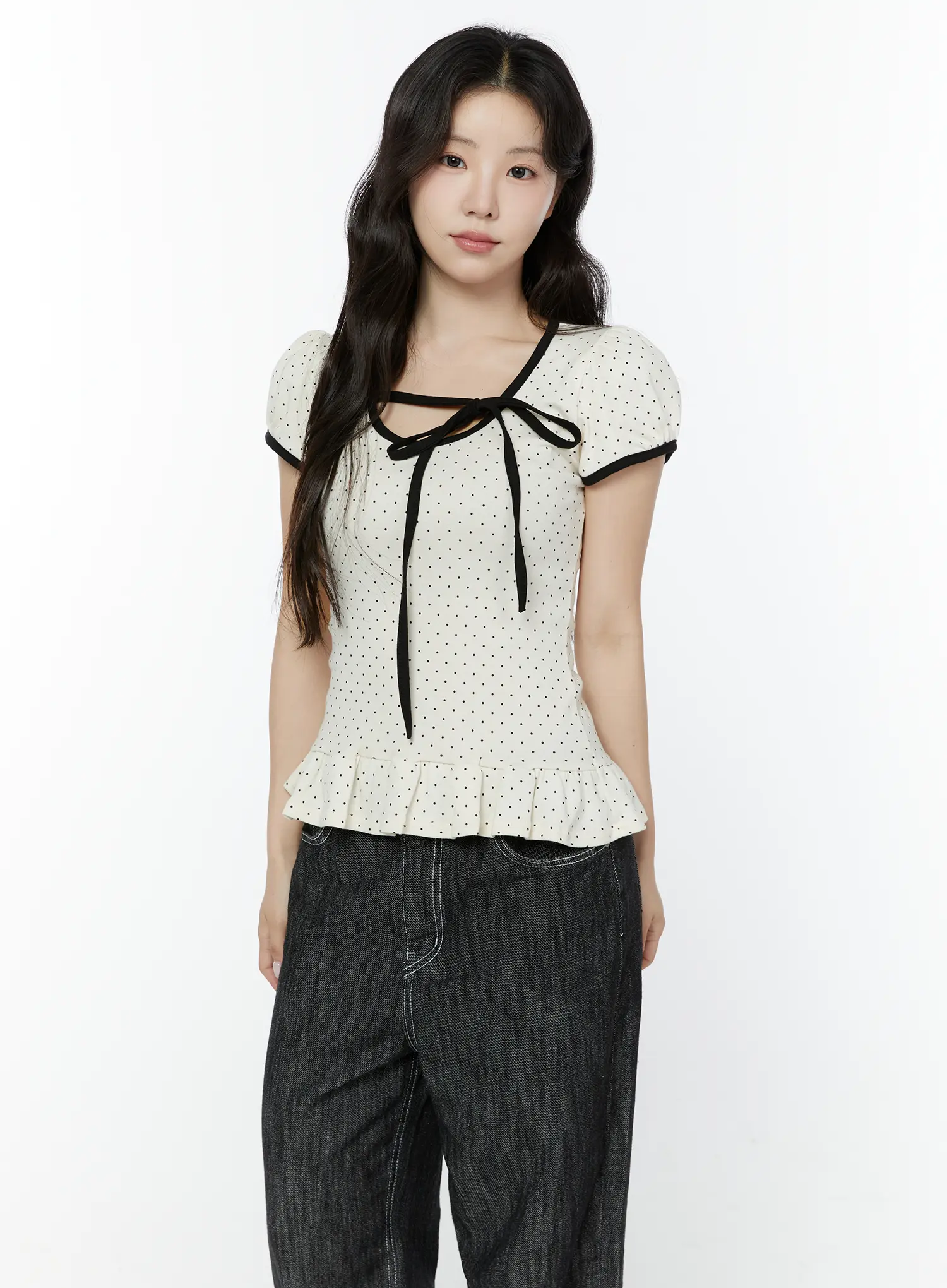 Polka Dot Puff Sleeve Ribbon Top IY507 - Image 10