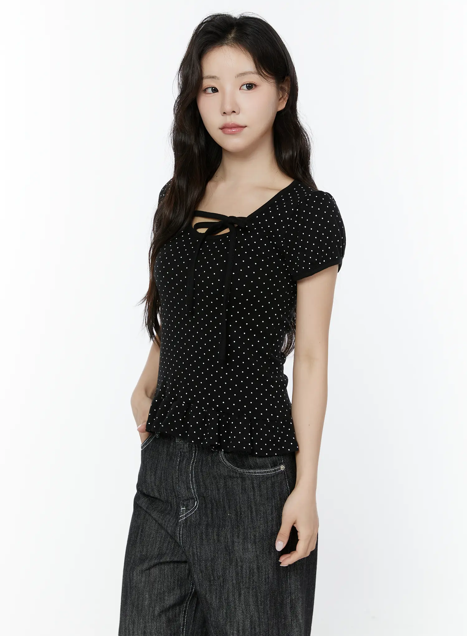 Polka Dot Puff Sleeve Ribbon Top IY507 - Image 11