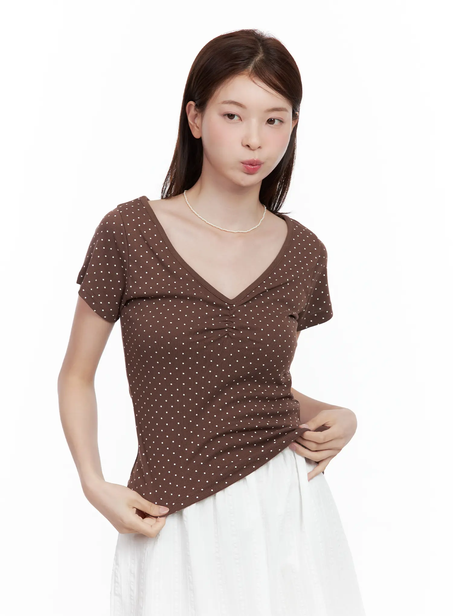 Polka Dot Shirred V-Neck Top CL502 - Image 11