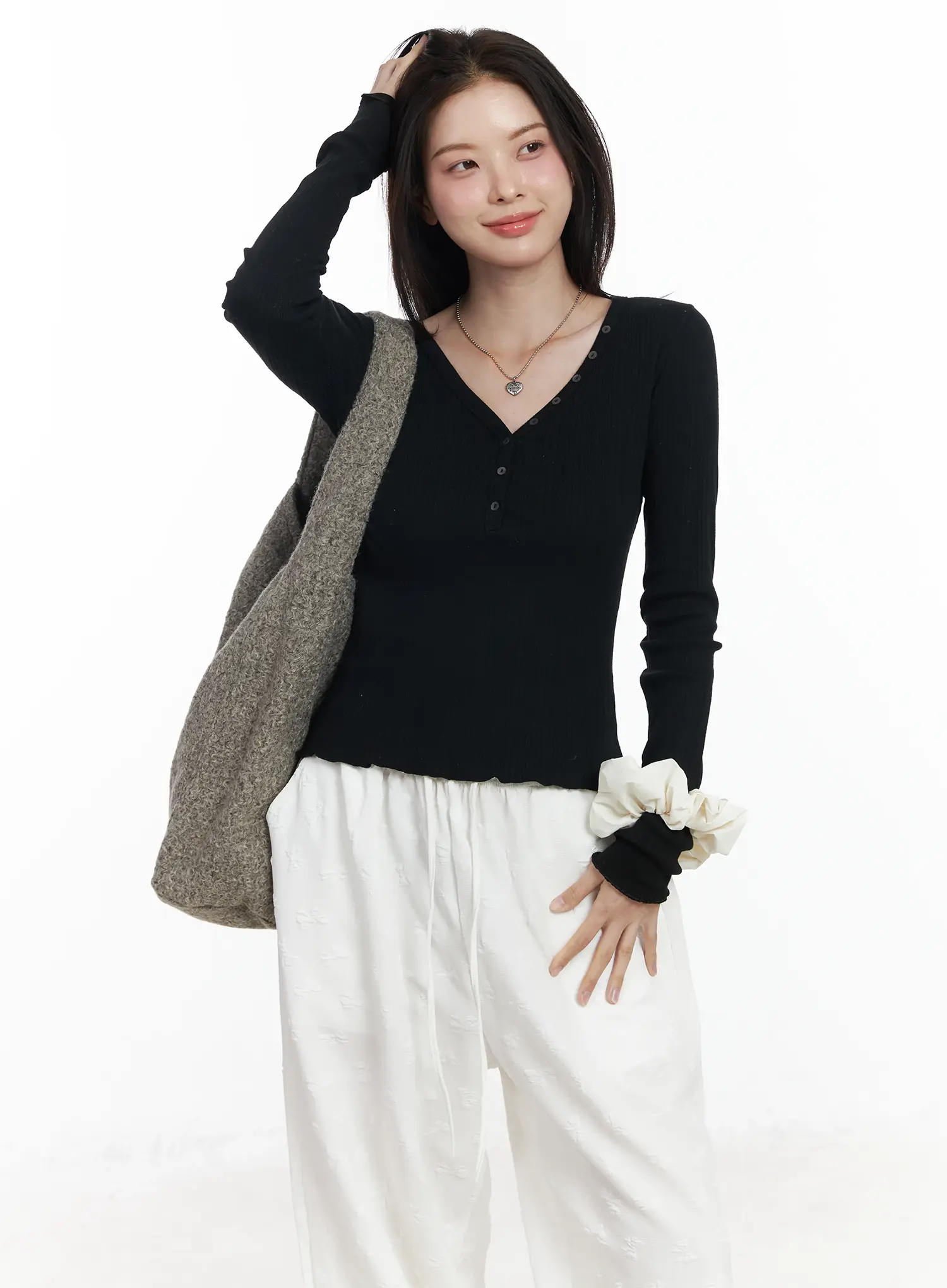 Ribbed Button V-Neck Long Sleeve Top IF525