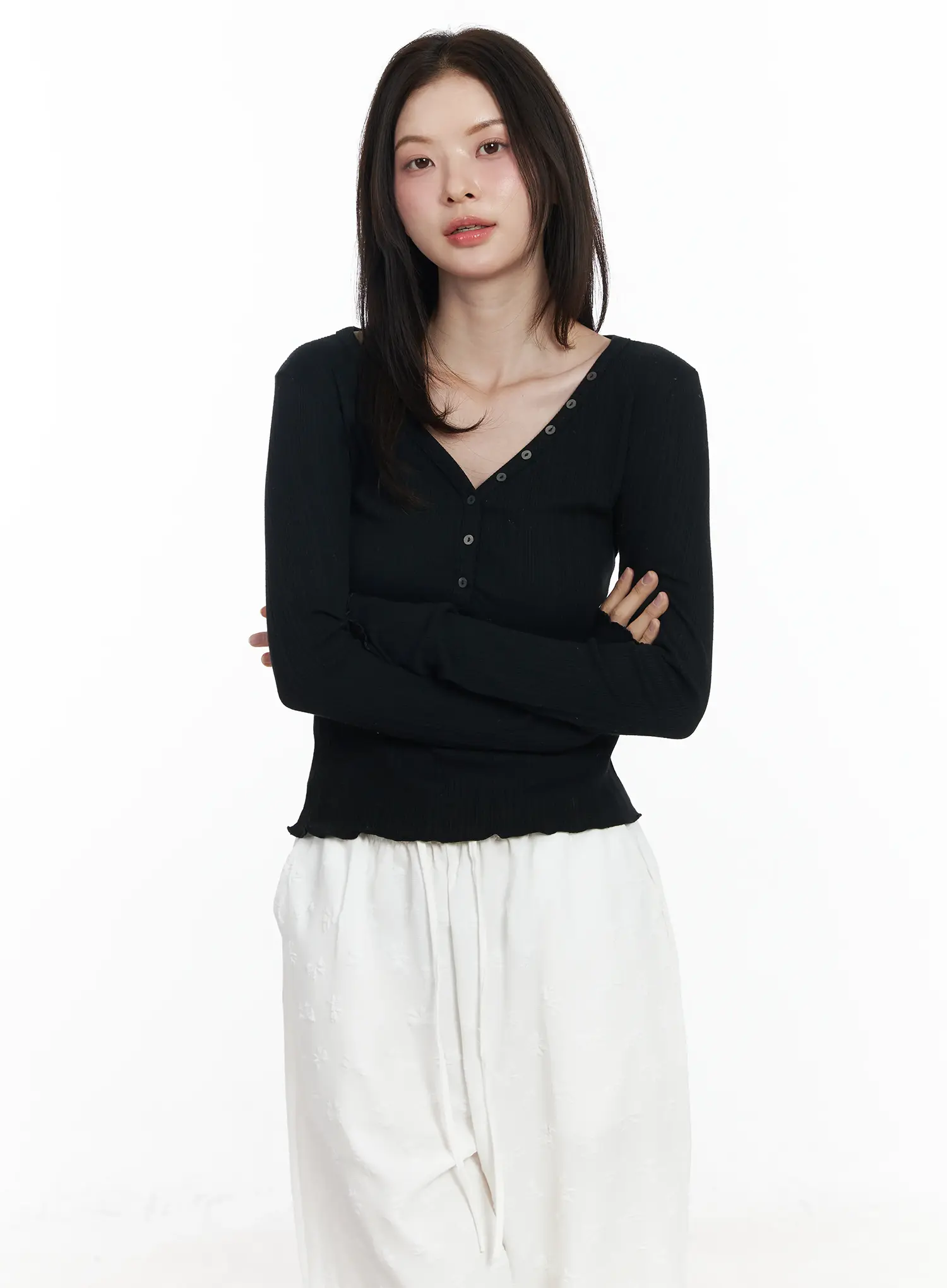 Ribbed Button V-Neck Long Sleeve Top IF525 - Image 6