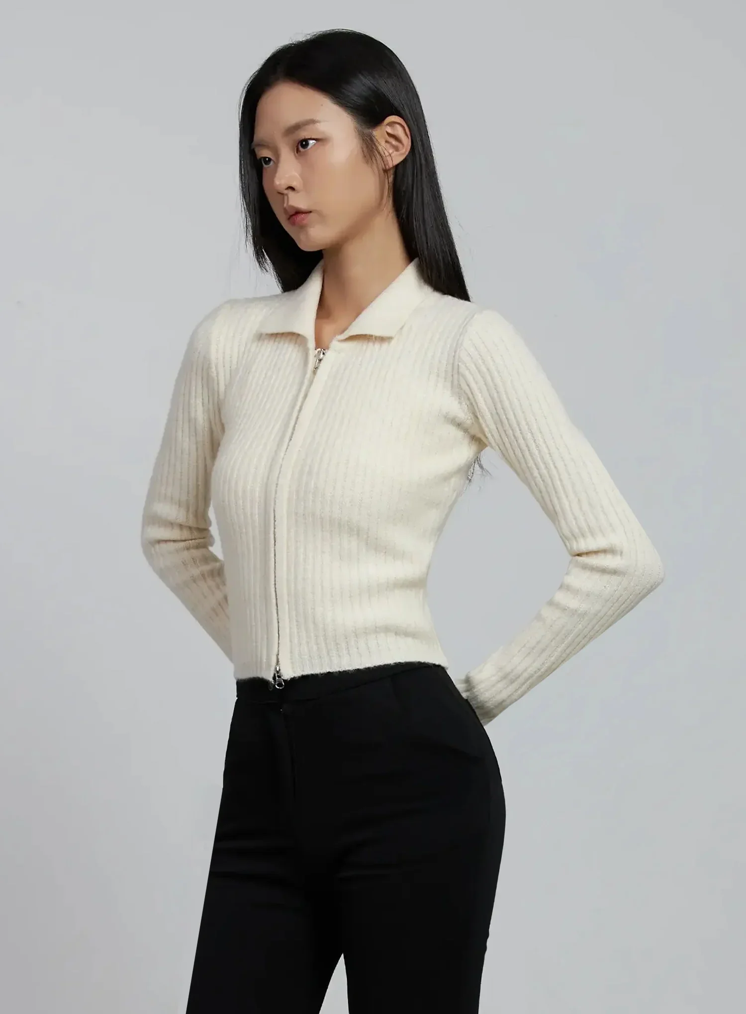 Ribbed Knit Collared Zip-Up IM520 - Image 10