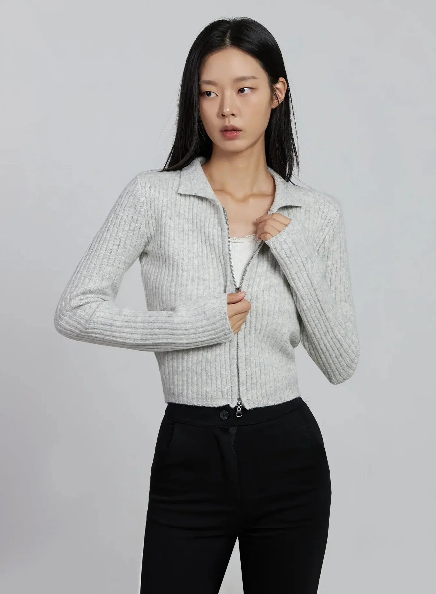 Ribbed Knit Collared Zip-Up IM520 - Image 2