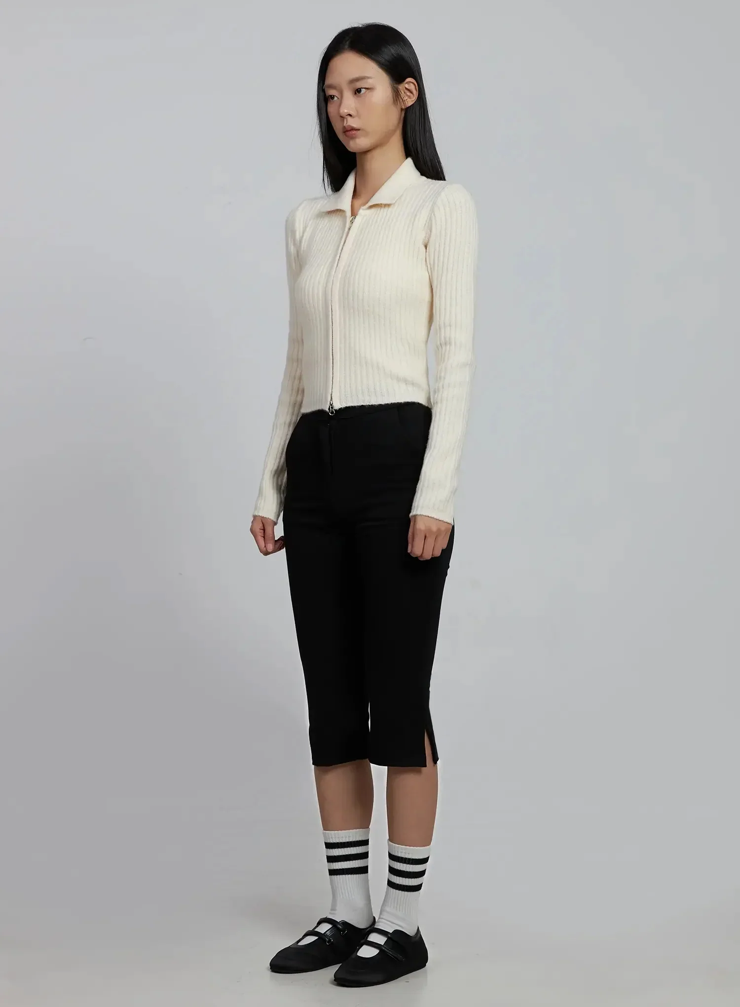 Ribbed Knit Collared Zip-Up IM520 - Image 6