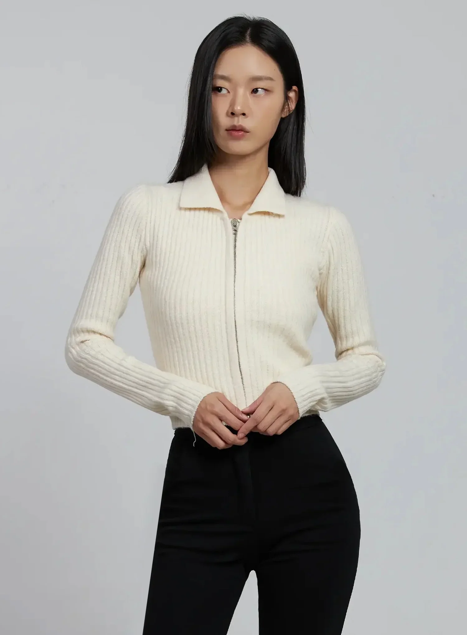 Ribbed Knit Collared Zip-Up IM520 - Image 9