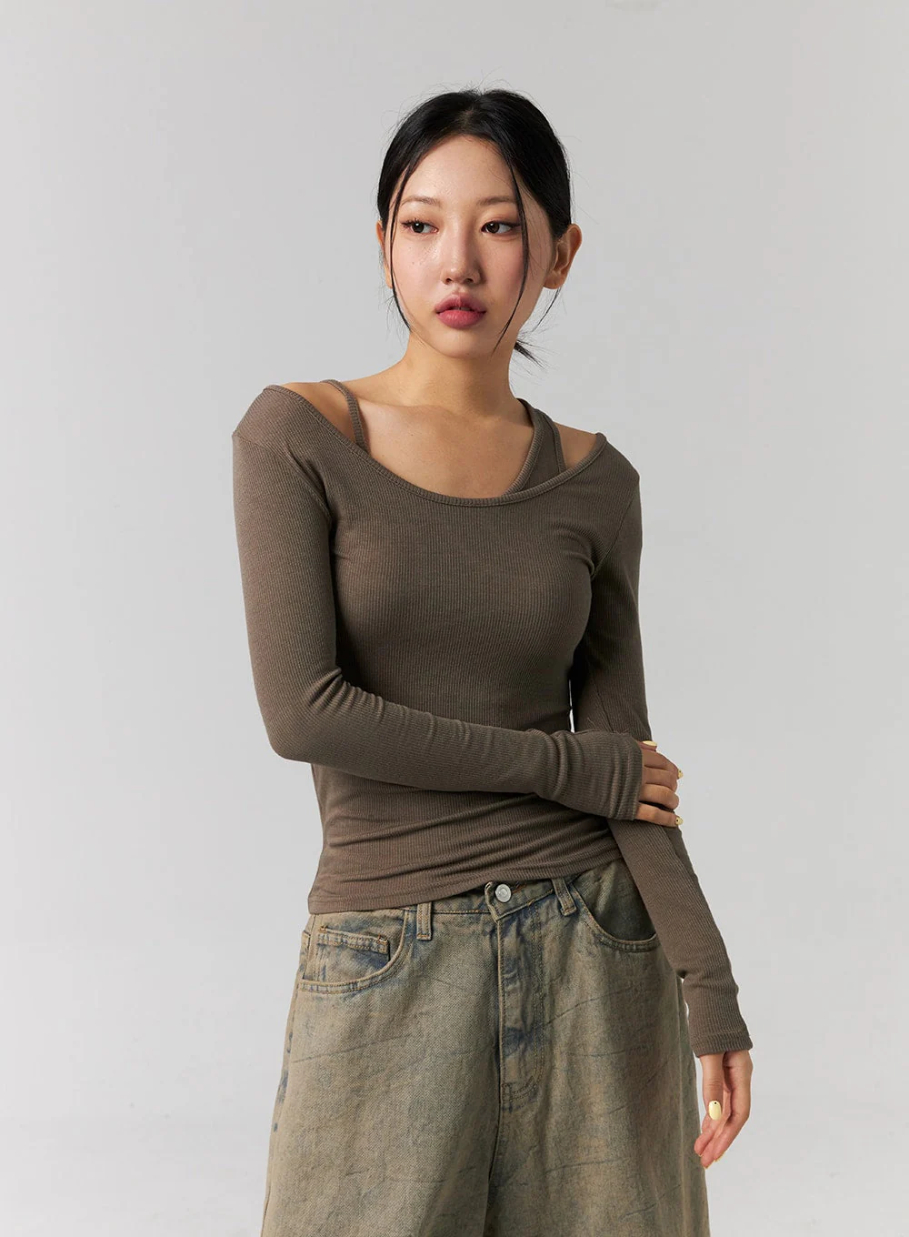 Ribbed Layered Cami and Long Sleeve Top CG316 - Image 5