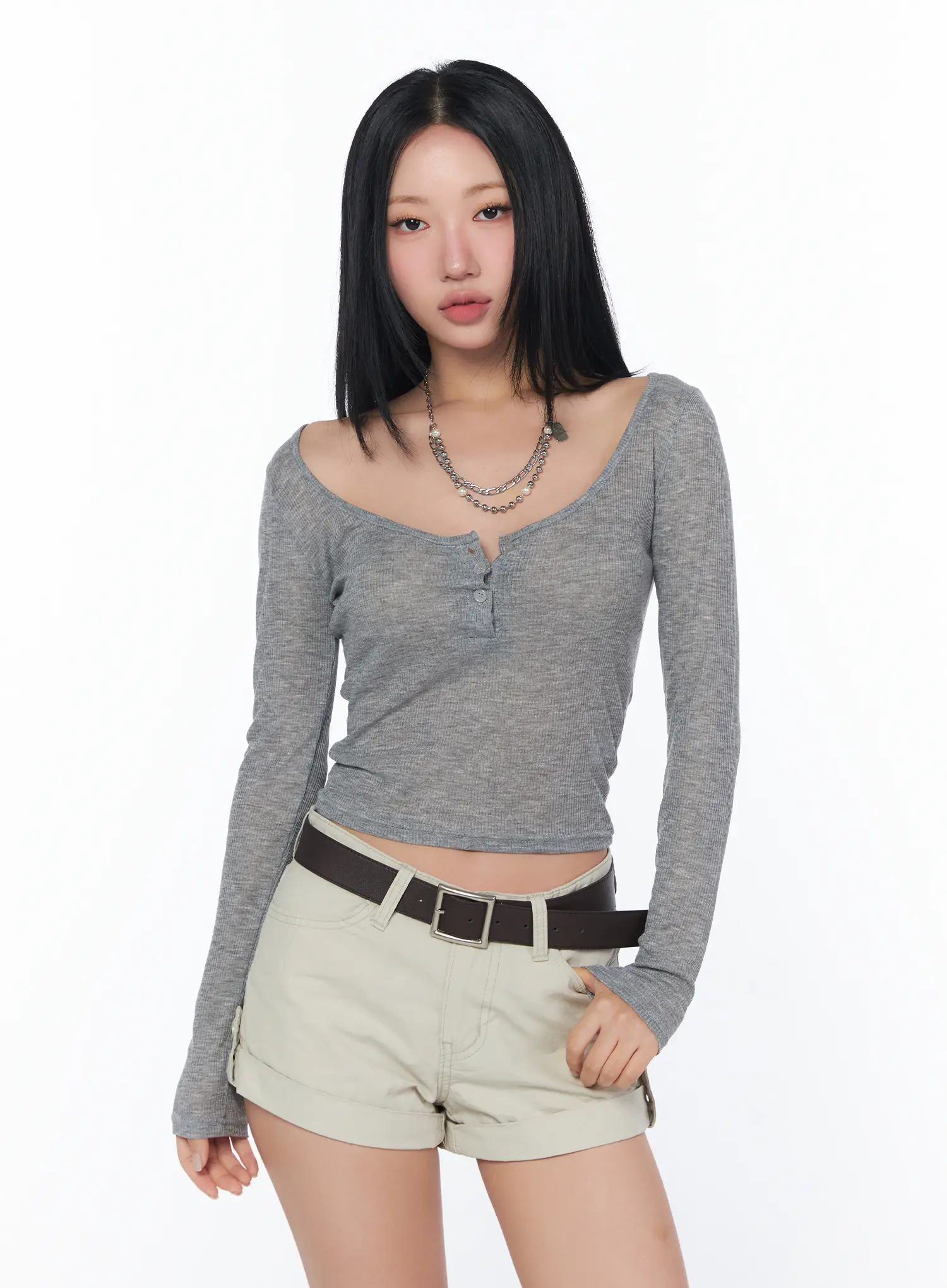 Ribbed Sheer Button Long Sleeve Tee CY512 - Image 10