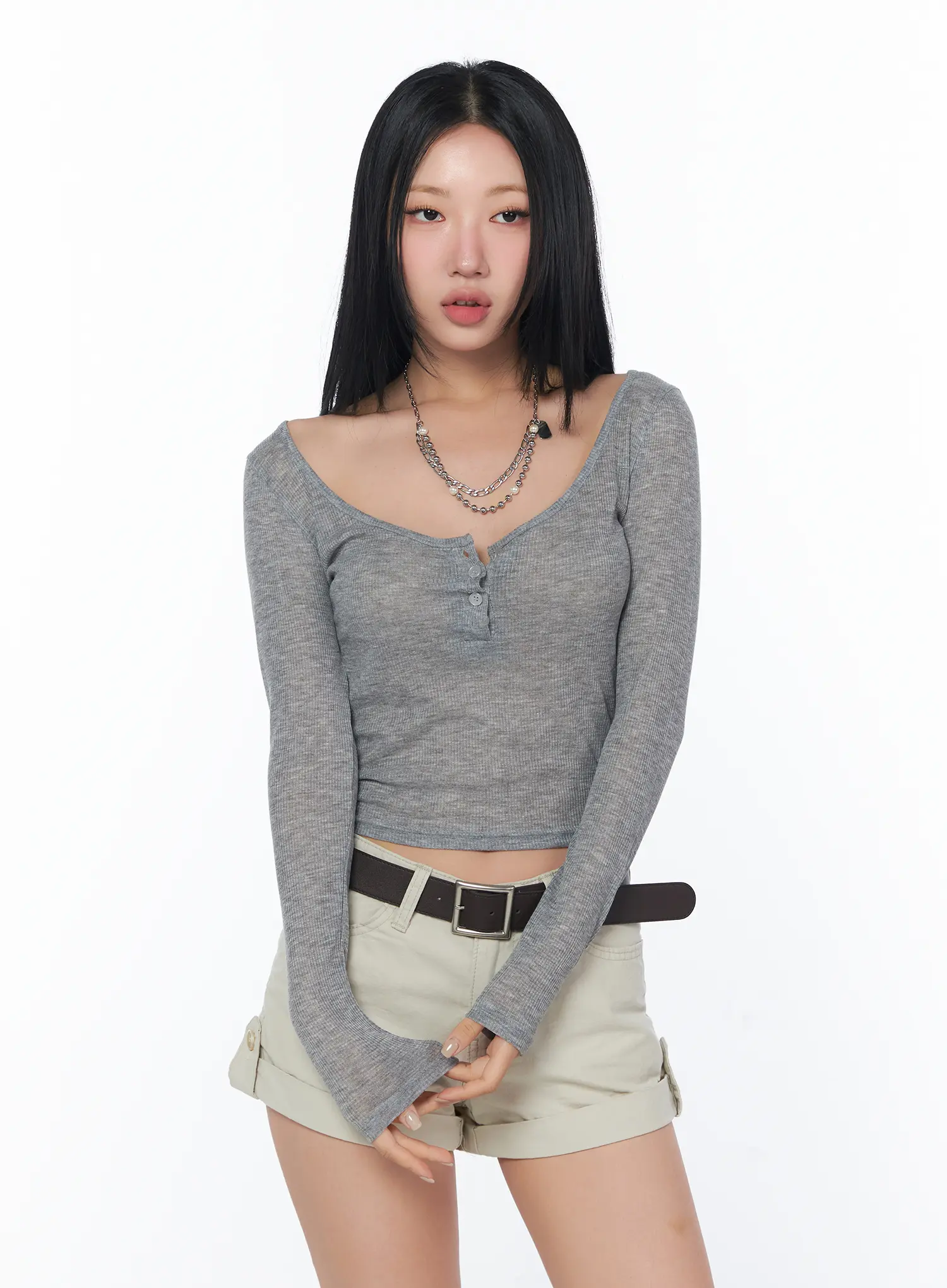 Ribbed Sheer Button Long Sleeve Tee CY512 - Image 2