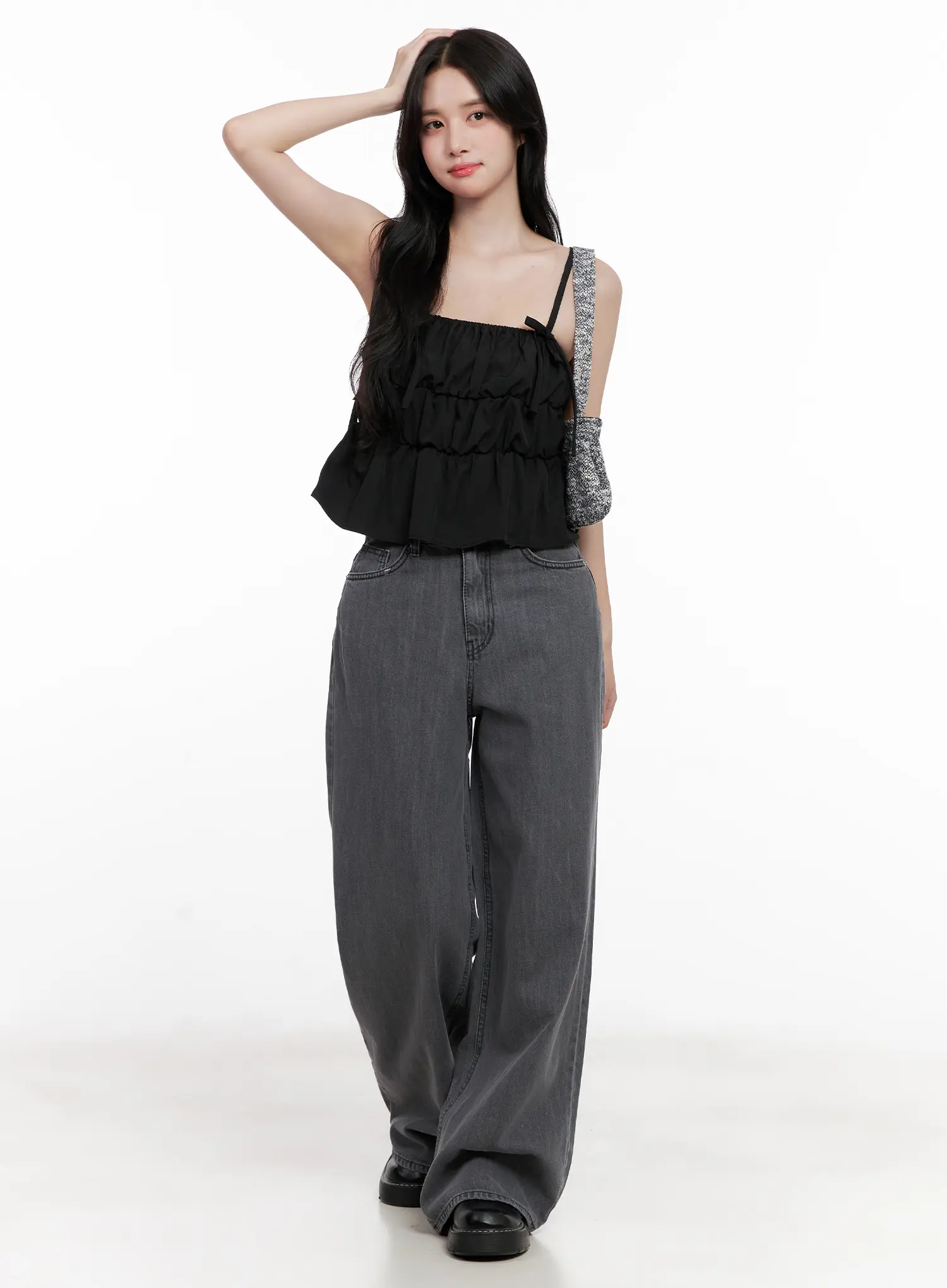 Ribbon Strap Ruffle Scrunch Tank CL516