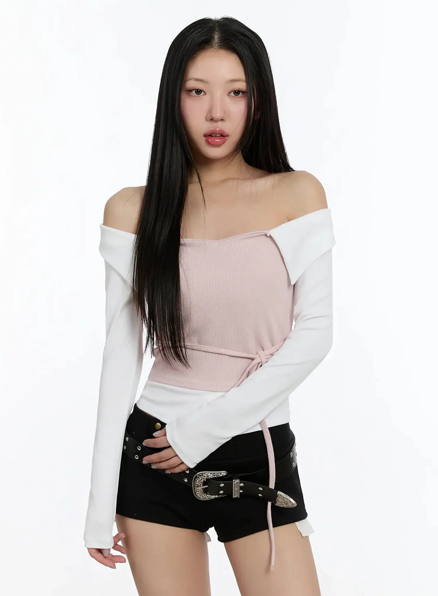Ribbon-Tie Collared Off-Shoulder Top IM509 - Image 2