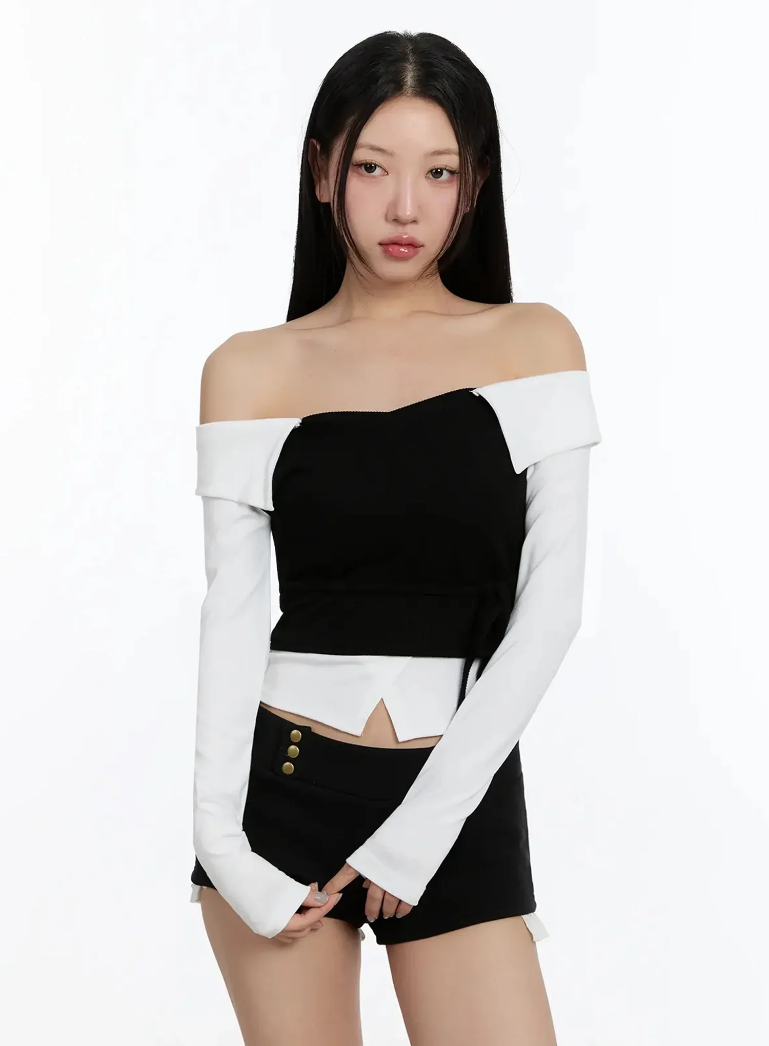 Ribbon-Tie Collared Off-Shoulder Top IM509 - Image 3