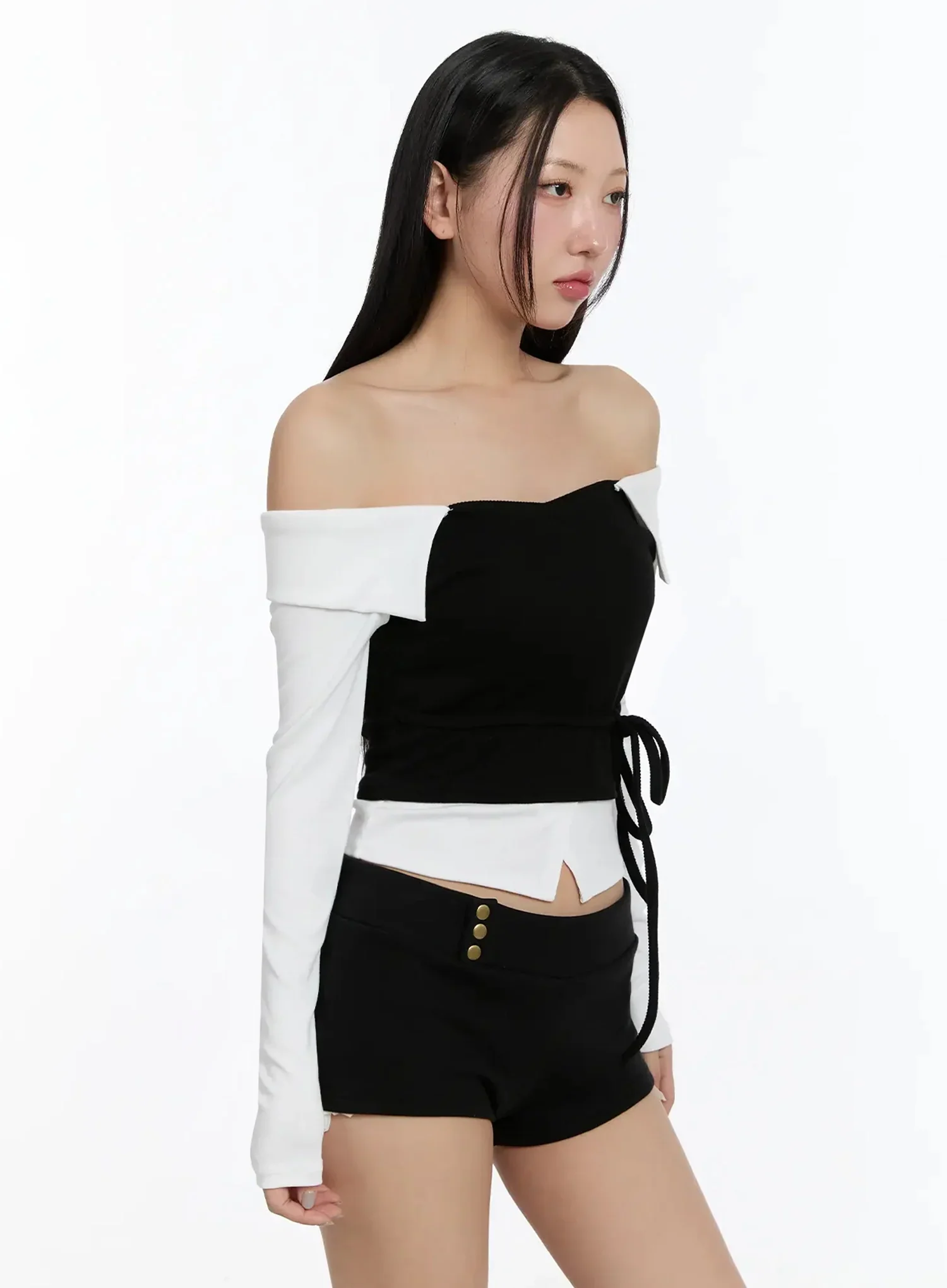 Ribbon-Tie Collared Off-Shoulder Top IM509 - Image 8