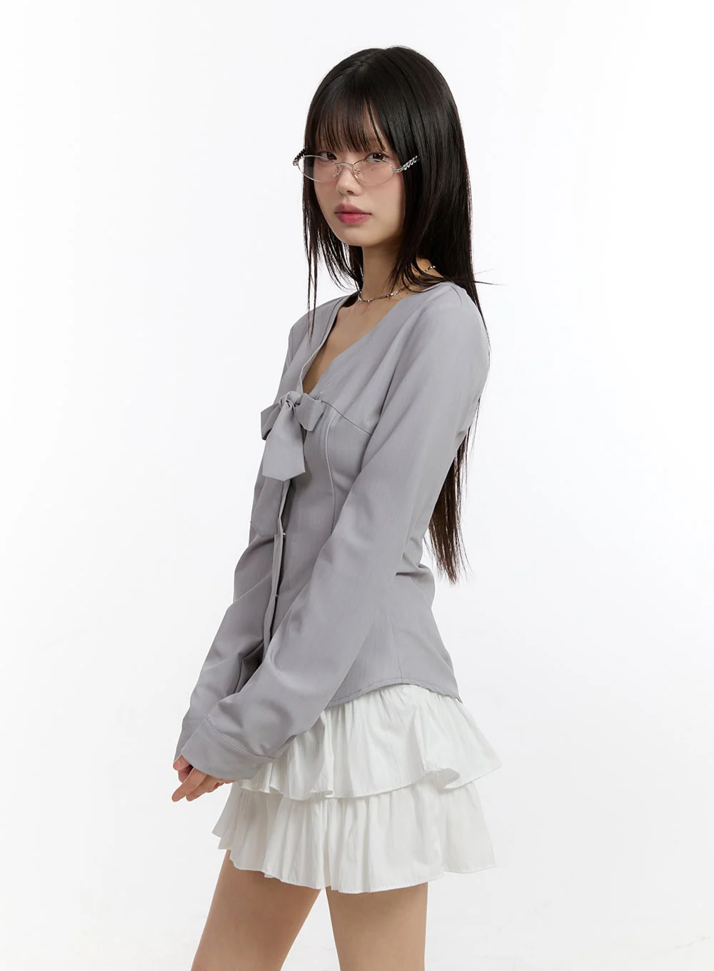 Ribbon Tie V-Neck Blouse Top CA509 - Image 3