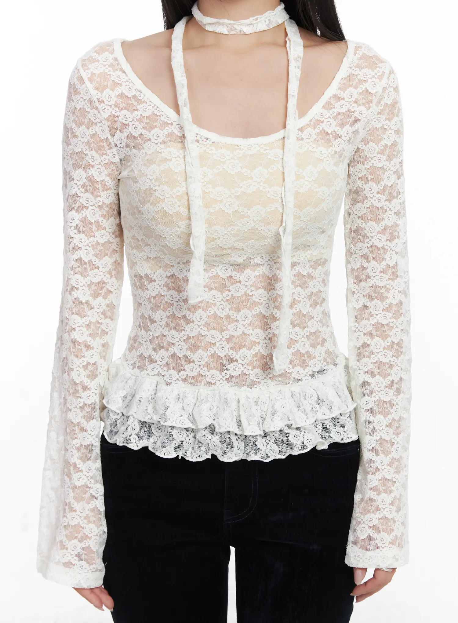 Ruffle Lace Long Sleeve Top Scarf Set CD529 - Image 7