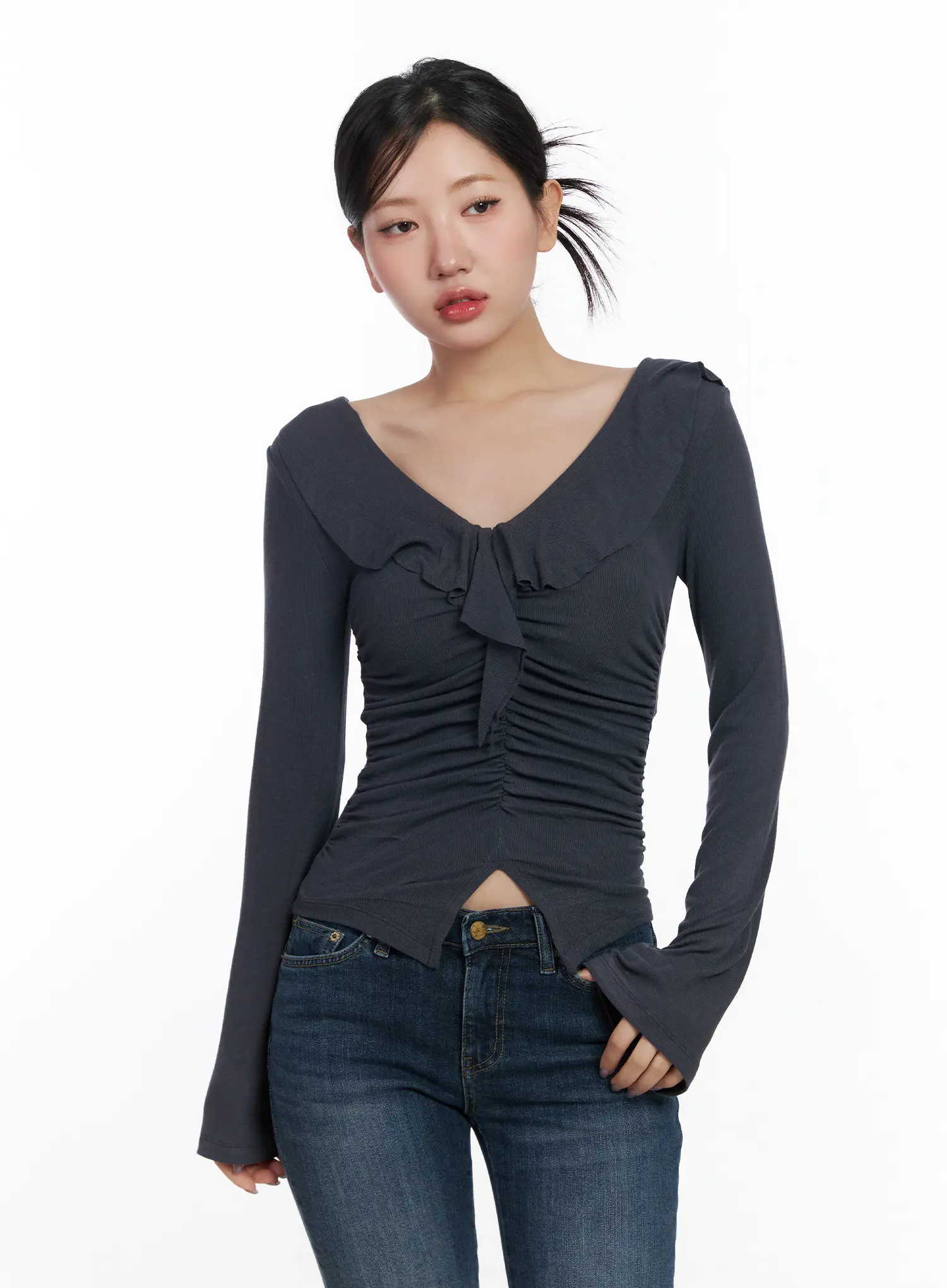 Ruffle Shirred V-Neck Long Sleeve Top CJ530 - Image 10
