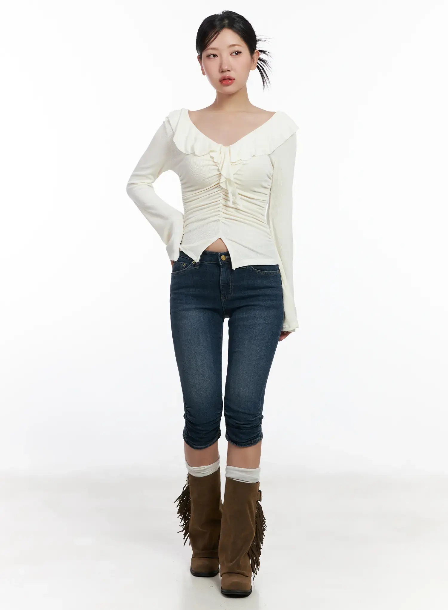Ruffle Shirred V-Neck Long Sleeve Top CJ530 - Image 5