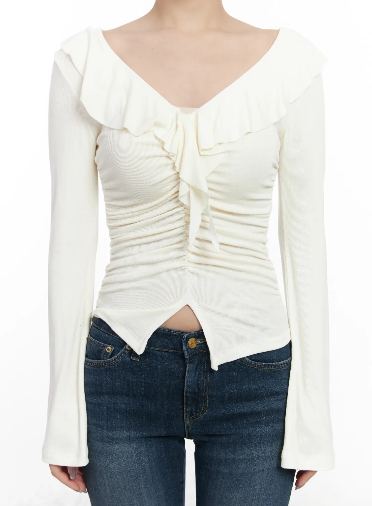 Ruffle Shirred V-Neck Long Sleeve Top CJ530 - Image 8