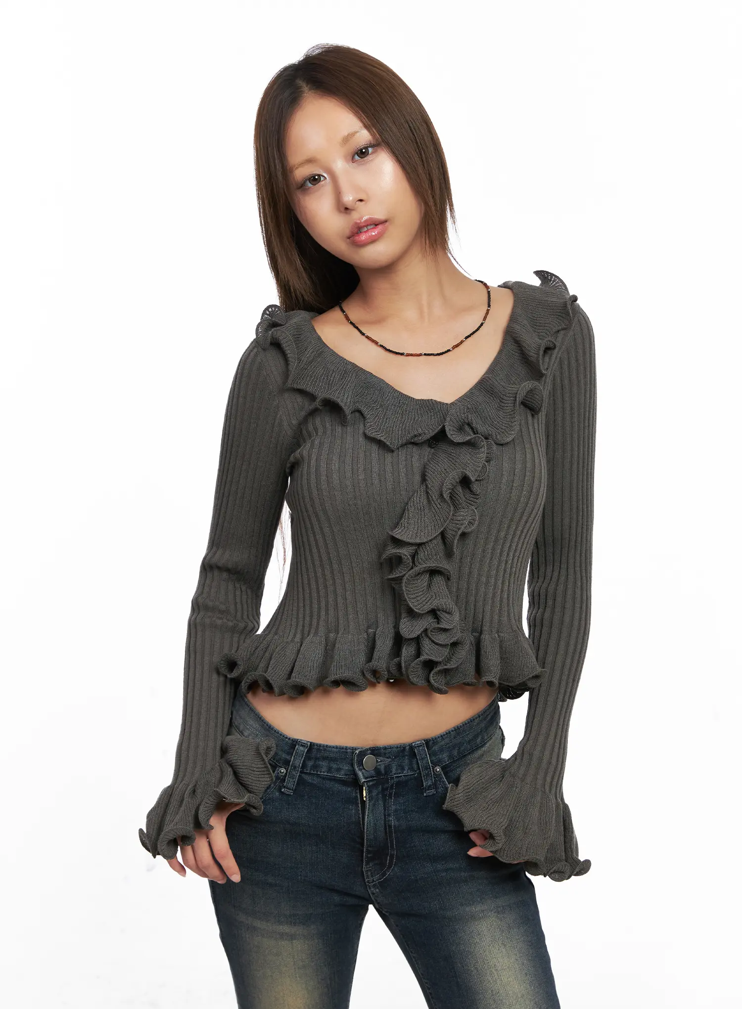 Ruffle Trim Slim-Fit Cardigan CO510 - Image 6