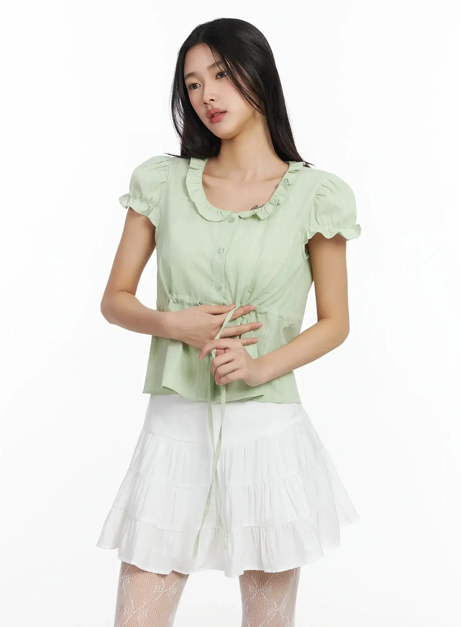 Ruffled Ribbon Tie Short Sleeve Blouse IM530 - Image 2