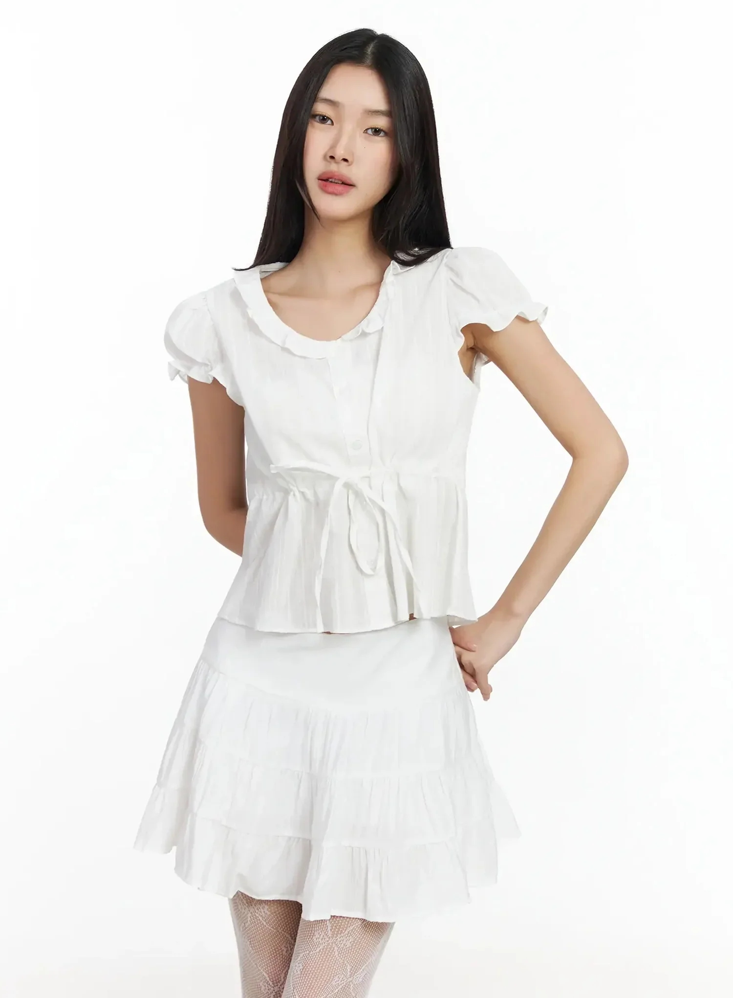 Ruffled Ribbon Tie Short Sleeve Blouse IM530 - Image 3