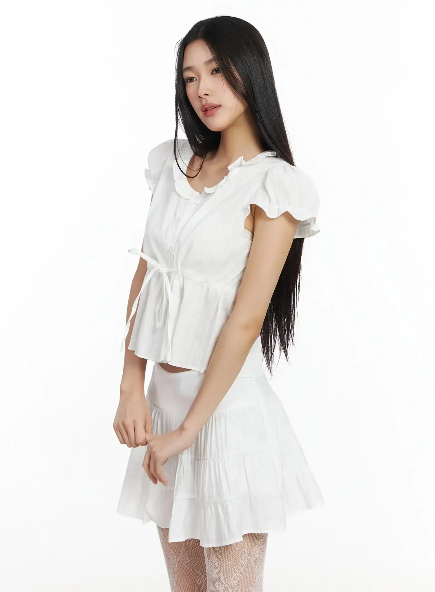 Ruffled Ribbon Tie Short Sleeve Blouse IM530 - Image 9