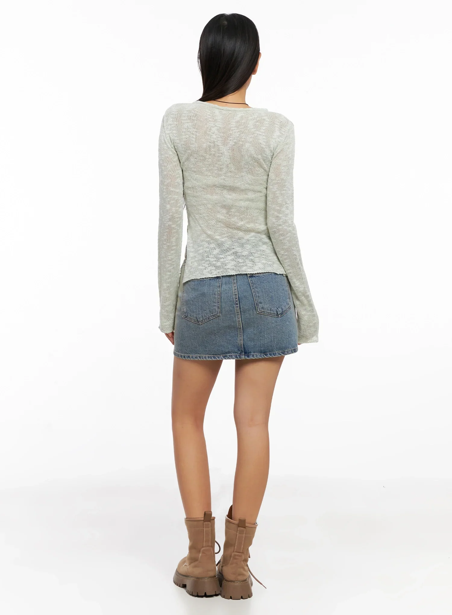 Sheer Buttoned Neck Long Sleeve Top IG527 - Image 11