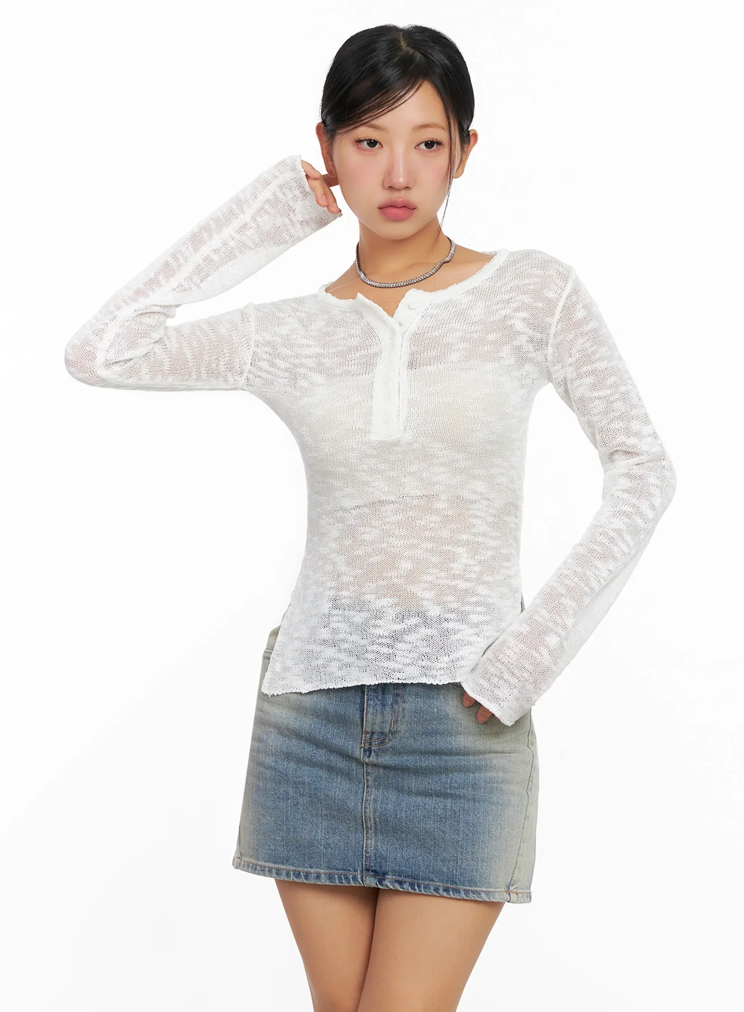 Sheer Buttoned Neck Long Sleeve Top IG527 - Image 12