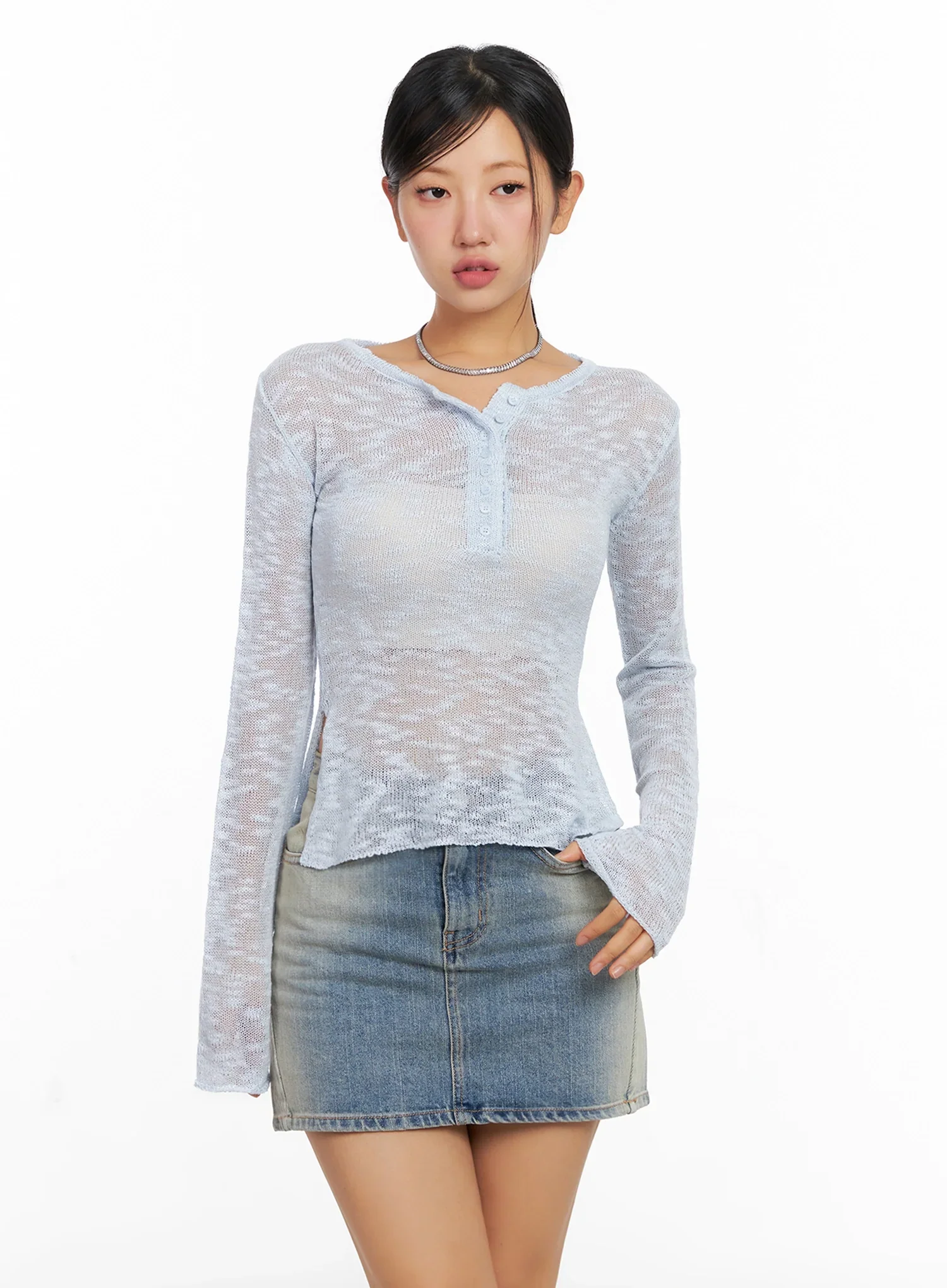 Sheer Buttoned Neck Long Sleeve Top IG527 - Image 13