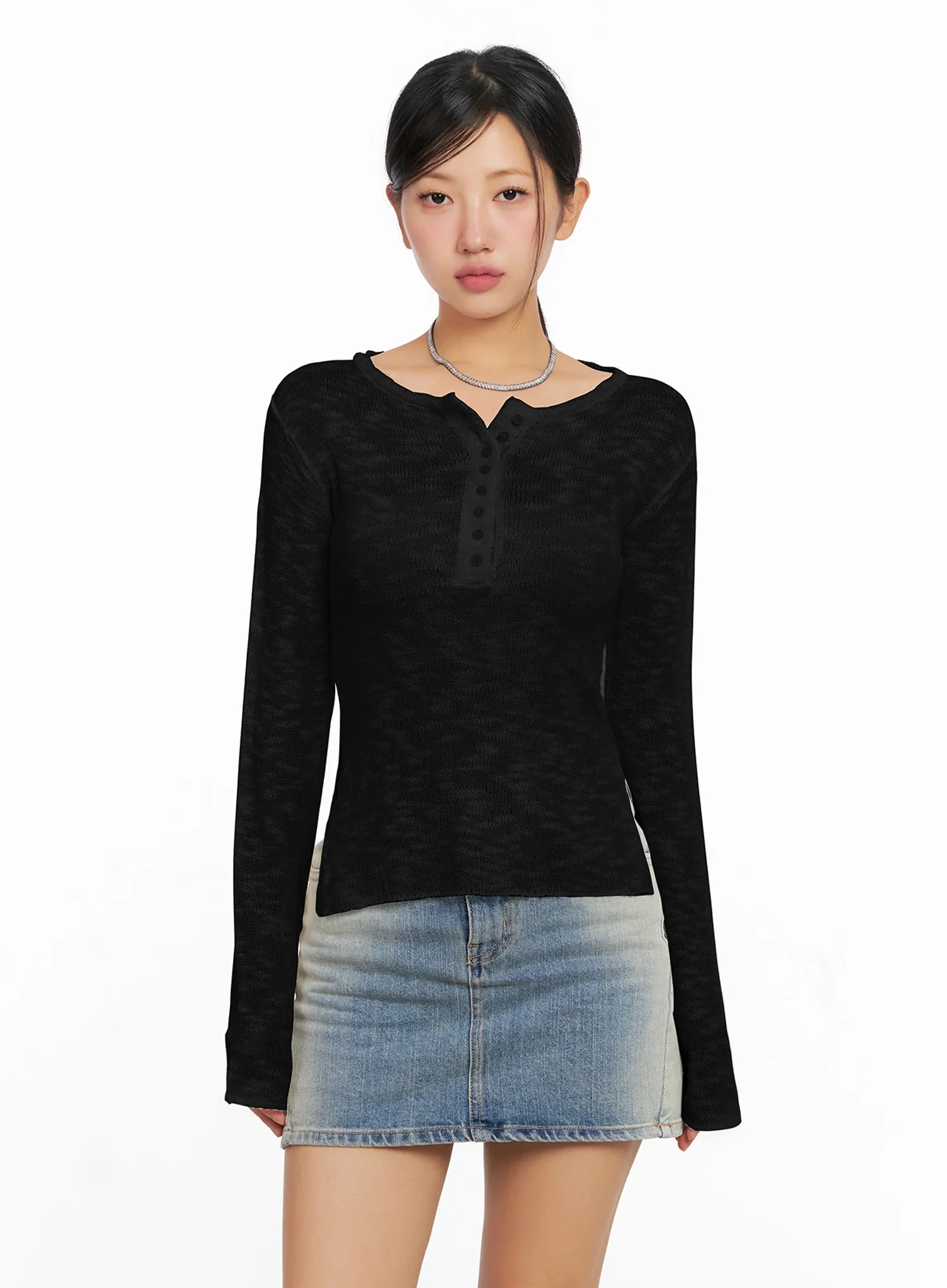Sheer Buttoned Neck Long Sleeve Top IG527 - Image 14