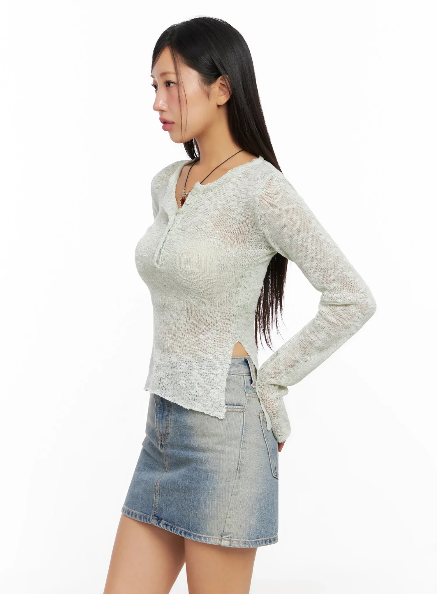 Sheer Buttoned Neck Long Sleeve Top IG527 - Image 6
