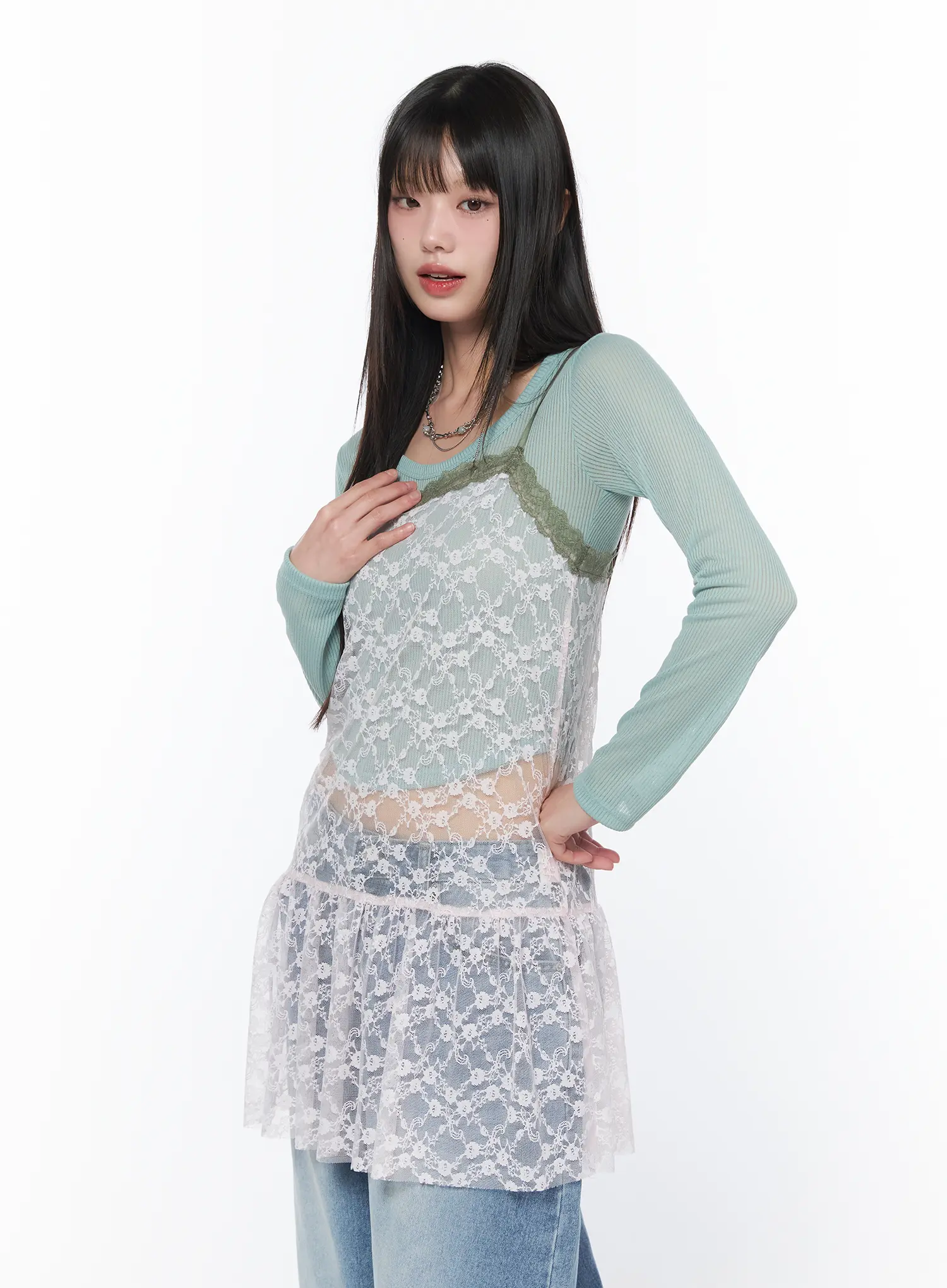 Sheer Lace Layered Mini Dress CA528 - Image 5
