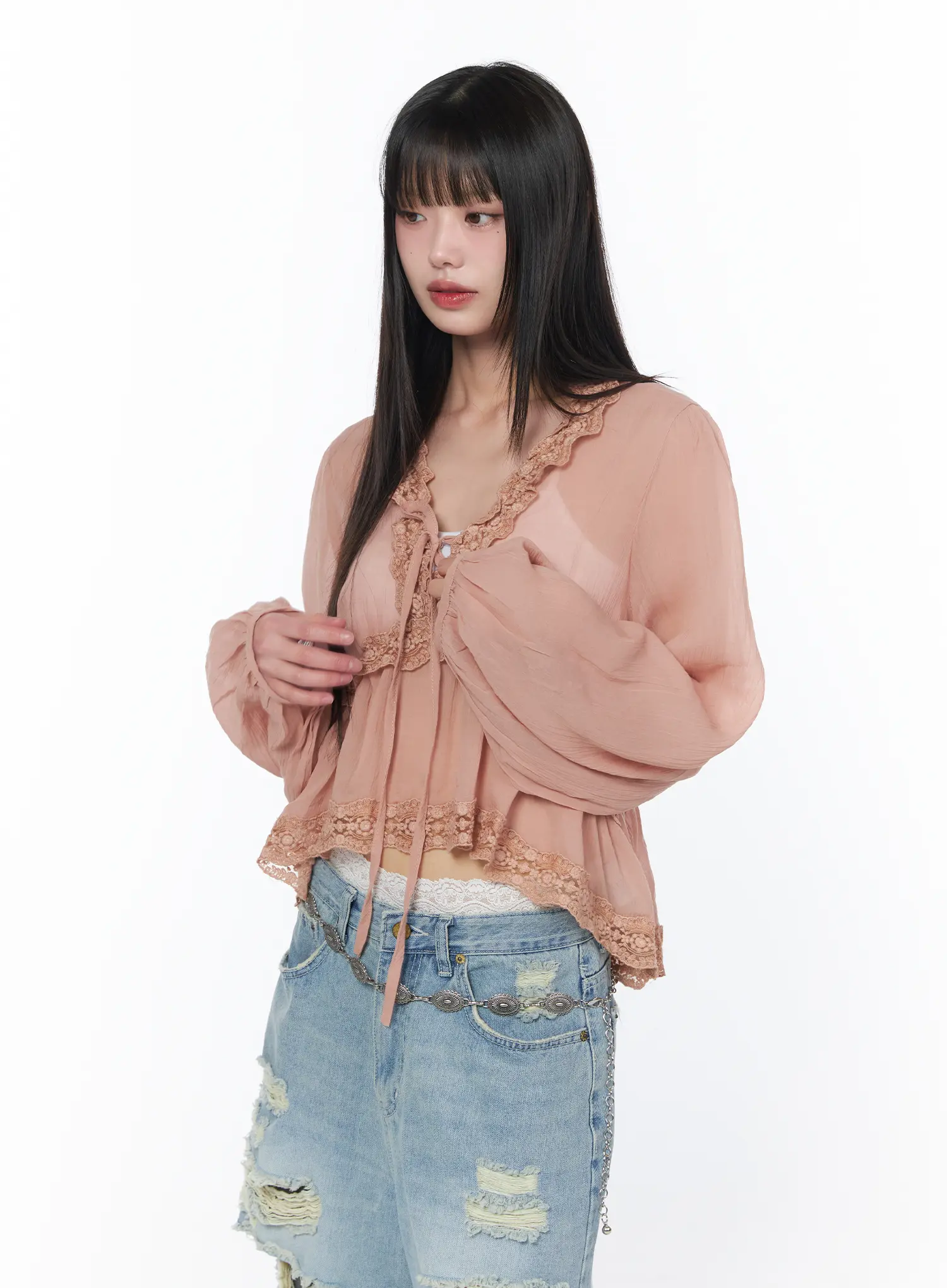 Sheer Lace V-Neck Ruffle Blouse CA528 - Image 3