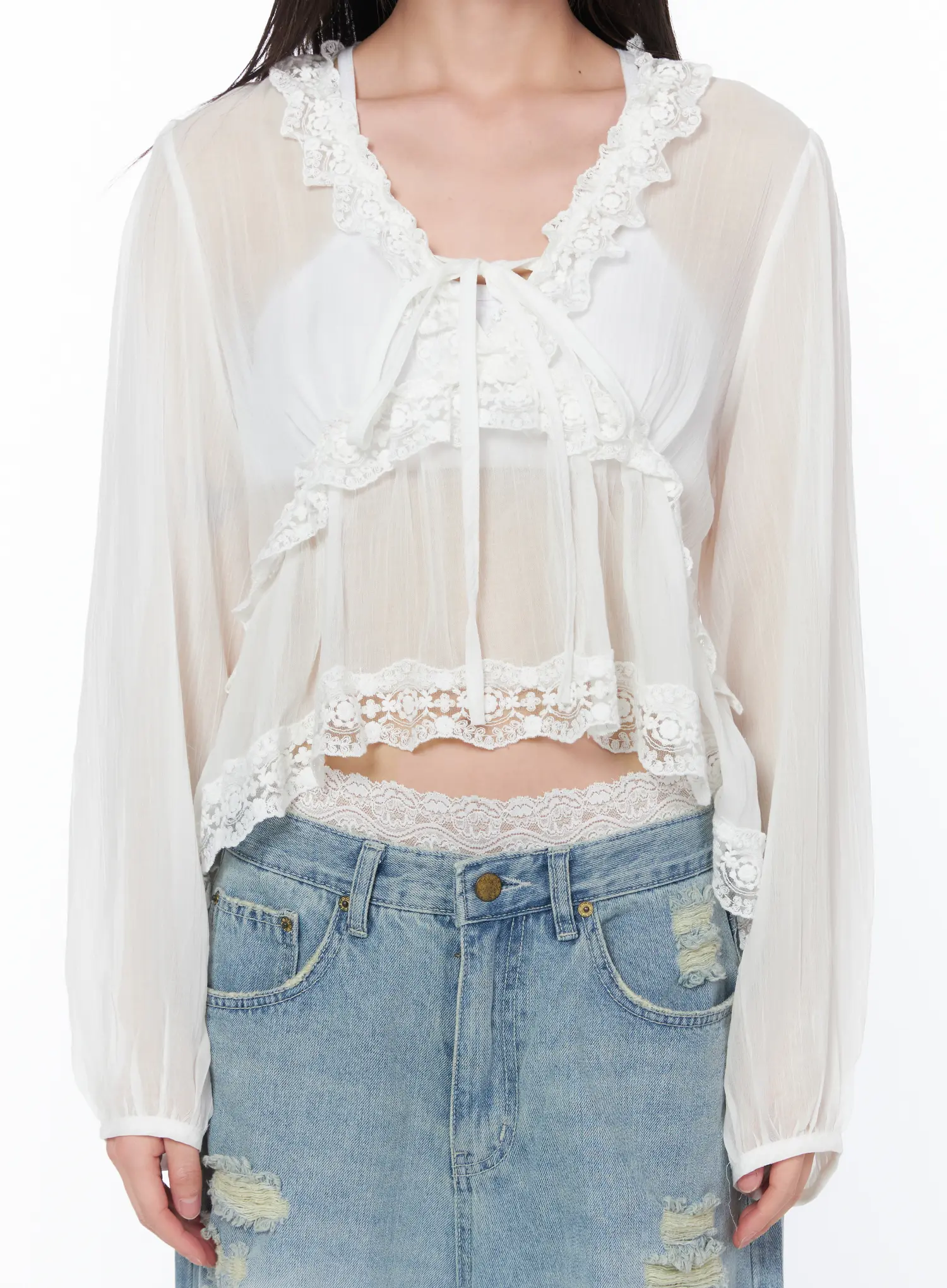 Sheer Lace V-Neck Ruffle Blouse CA528 - Image 4