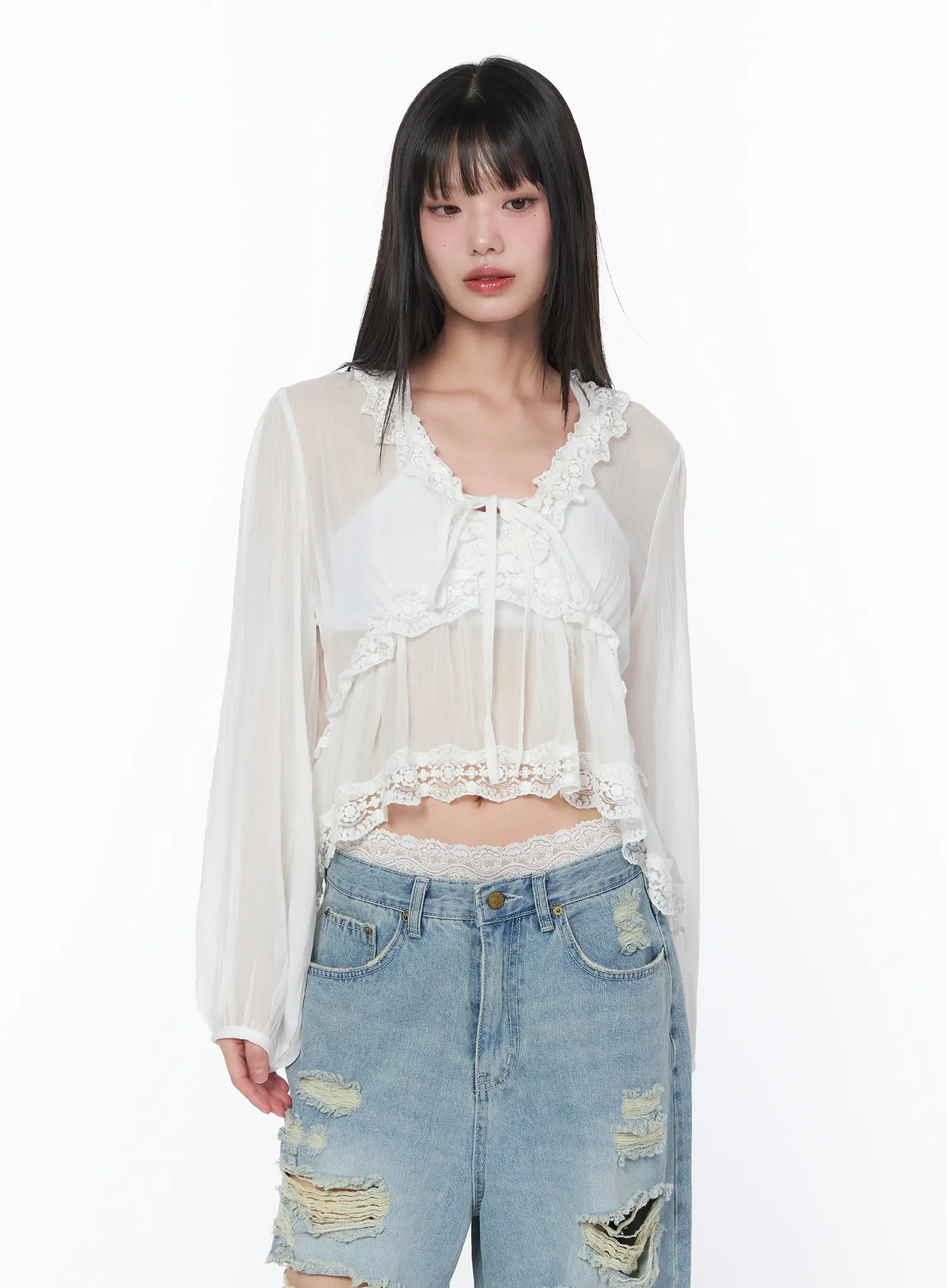 Sheer Lace V-Neck Ruffle Blouse CA528 - Image 5
