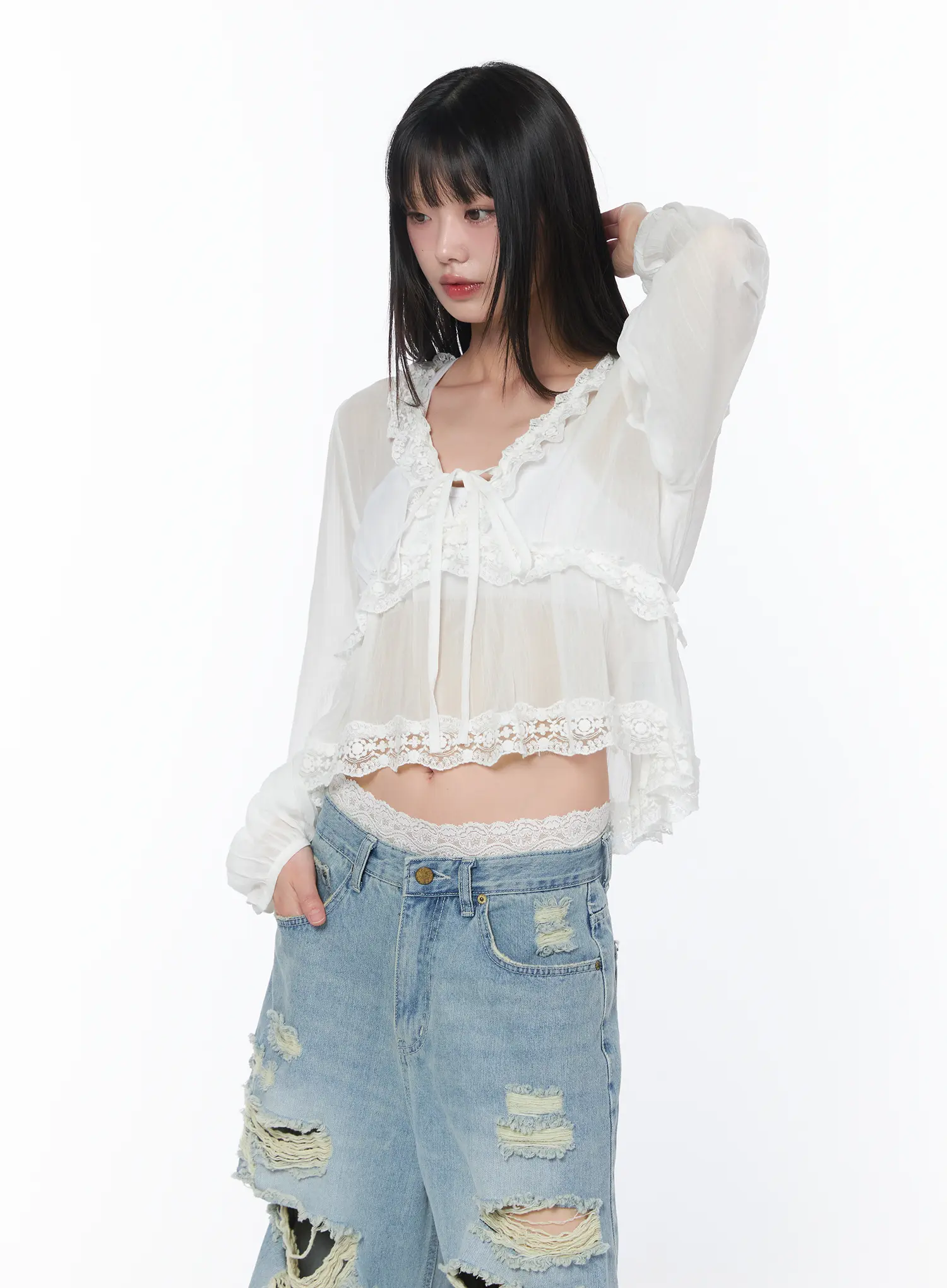 Sheer Lace V-Neck Ruffle Blouse CA528 - Image 7