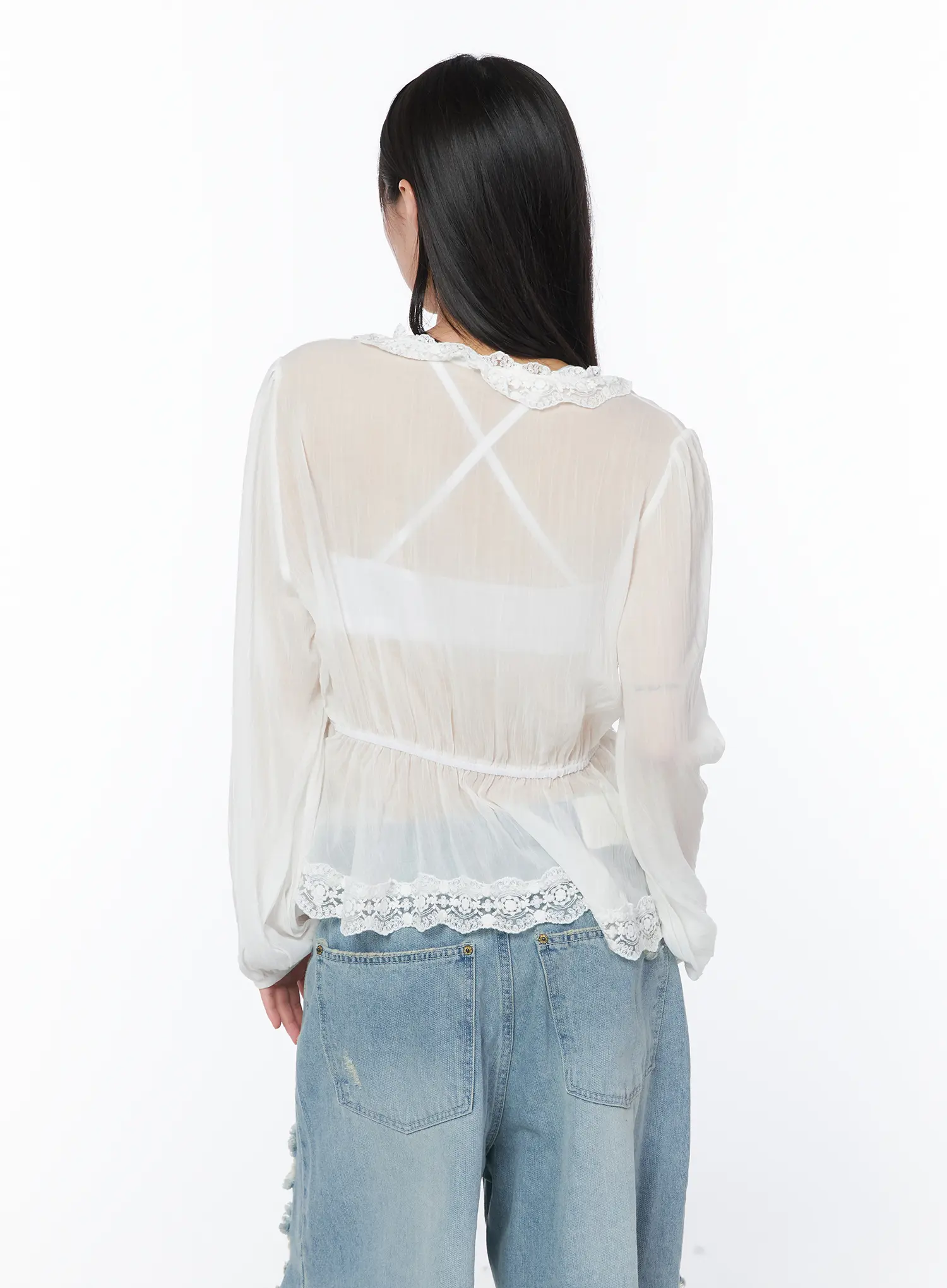 Sheer Lace V-Neck Ruffle Blouse CA528 - Image 9