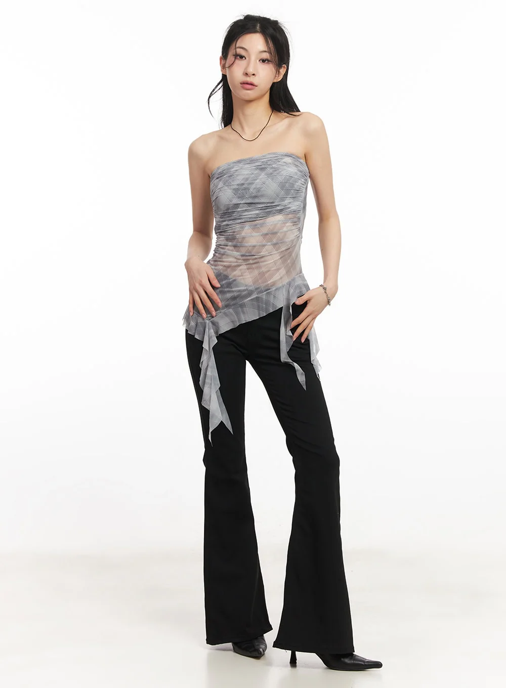 Sheer Plaid Ruffle Tube Top CA514 - Image 3