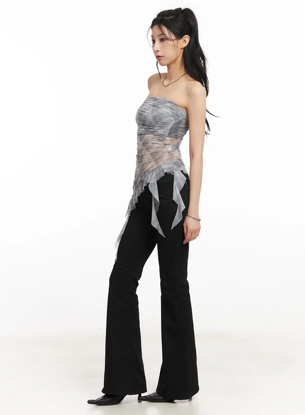Sheer Plaid Ruffle Tube Top CA514 - Image 4