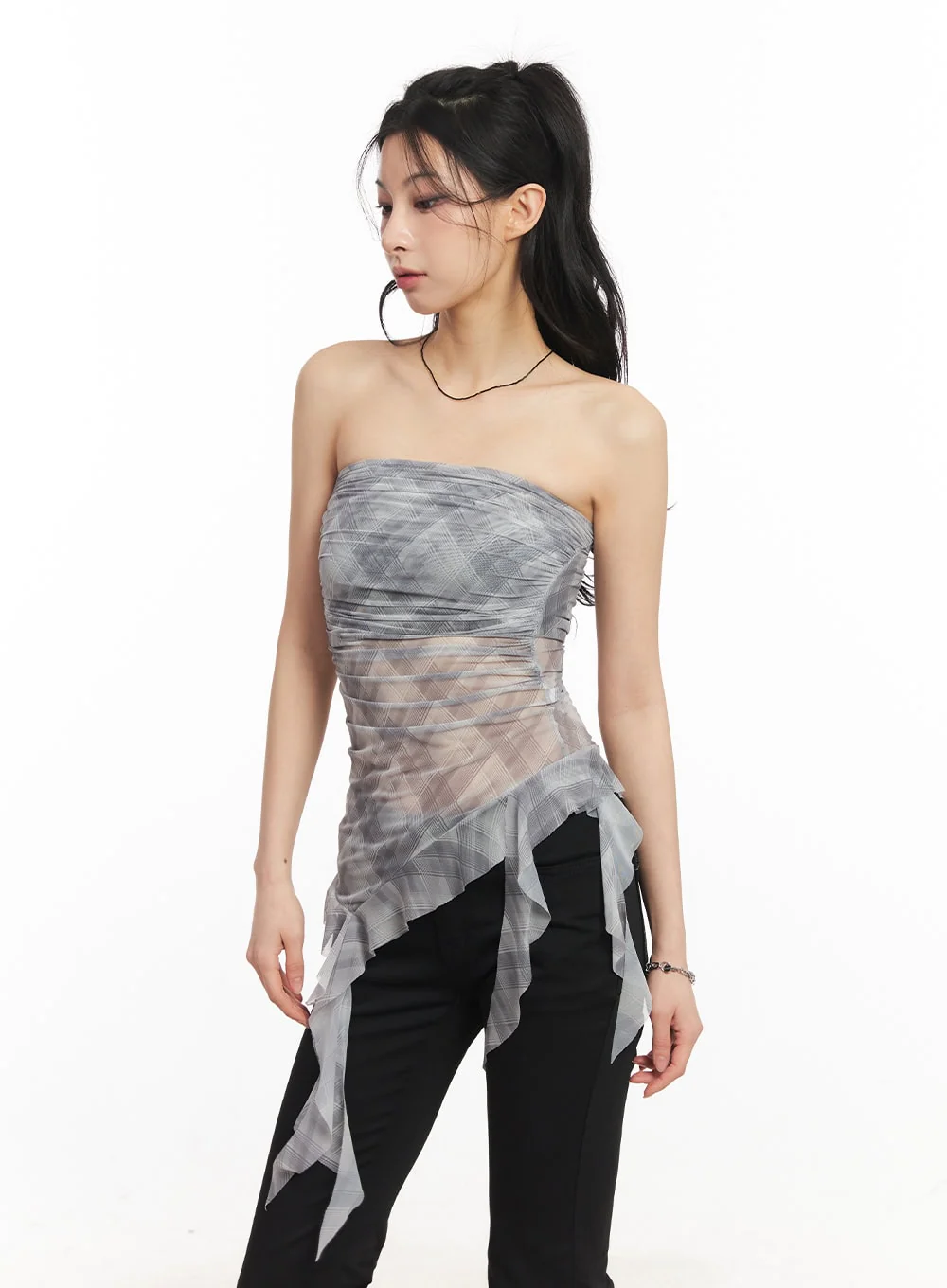 Sheer Plaid Ruffle Tube Top CA514 - Image 5