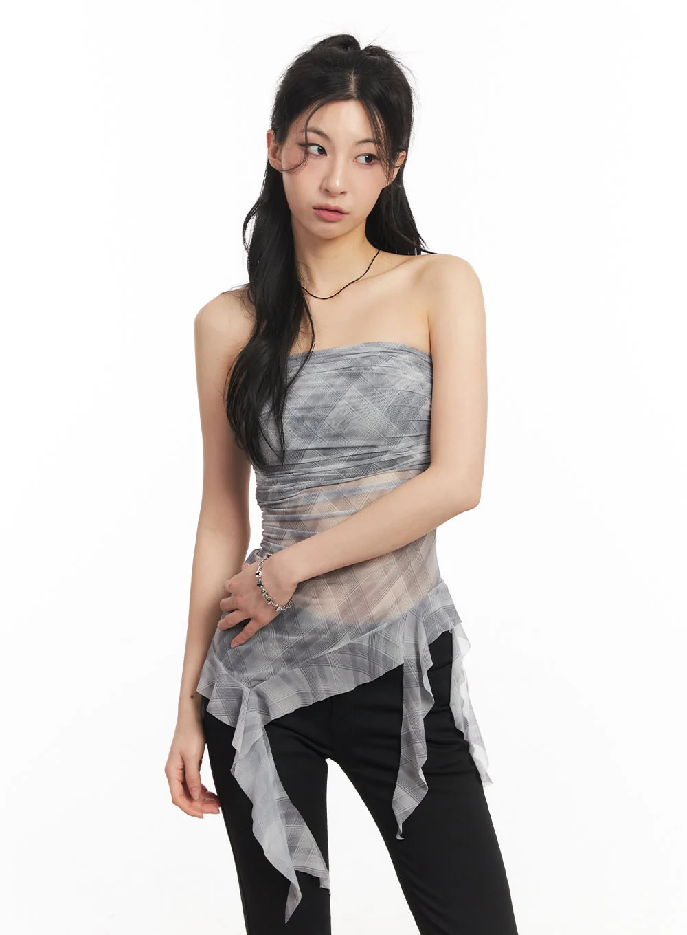 Sheer Plaid Ruffle Tube Top CA514 - Image 9