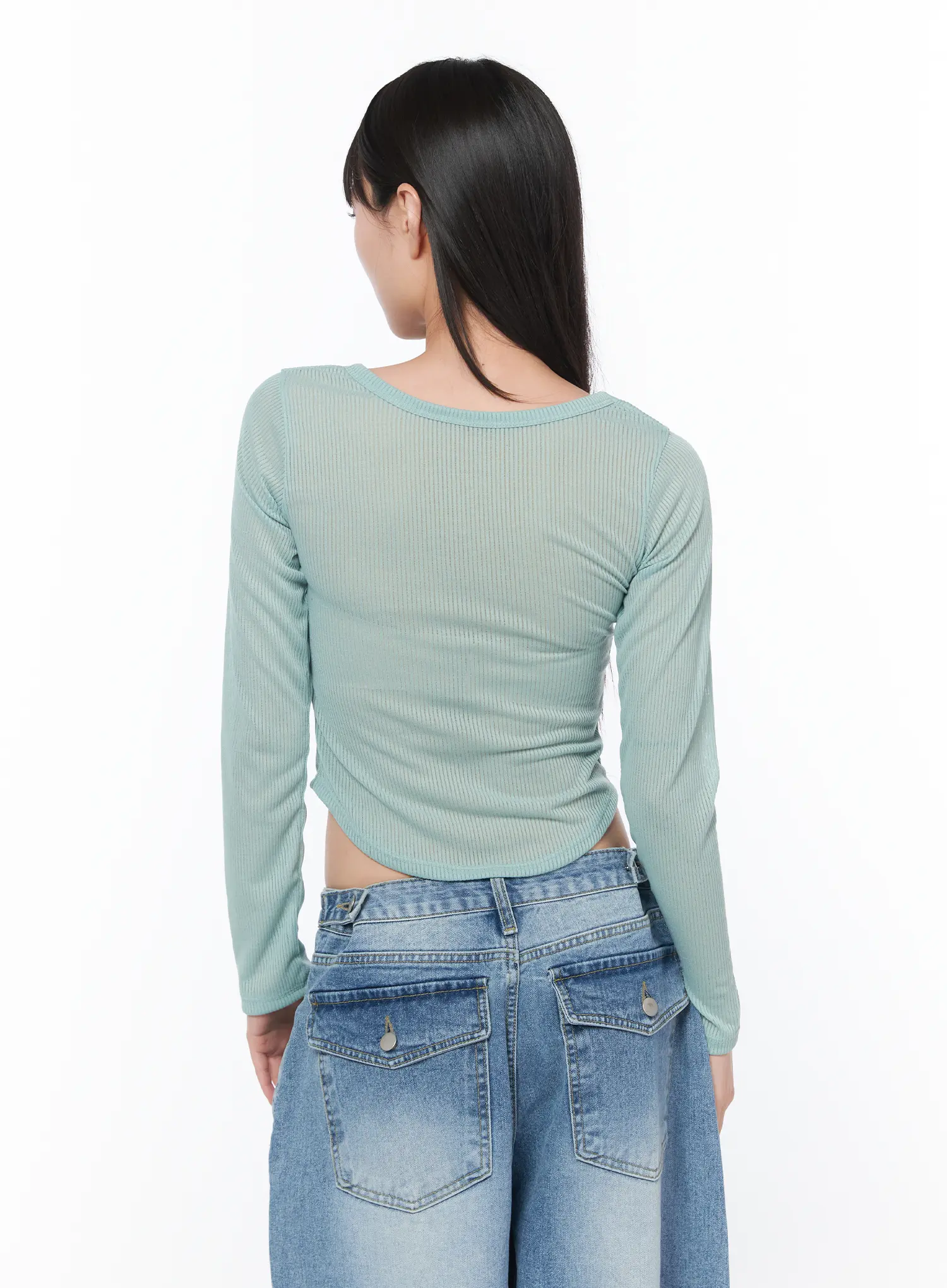 Sheer U-Neck Long Sleeve Top CA528 - Image 10